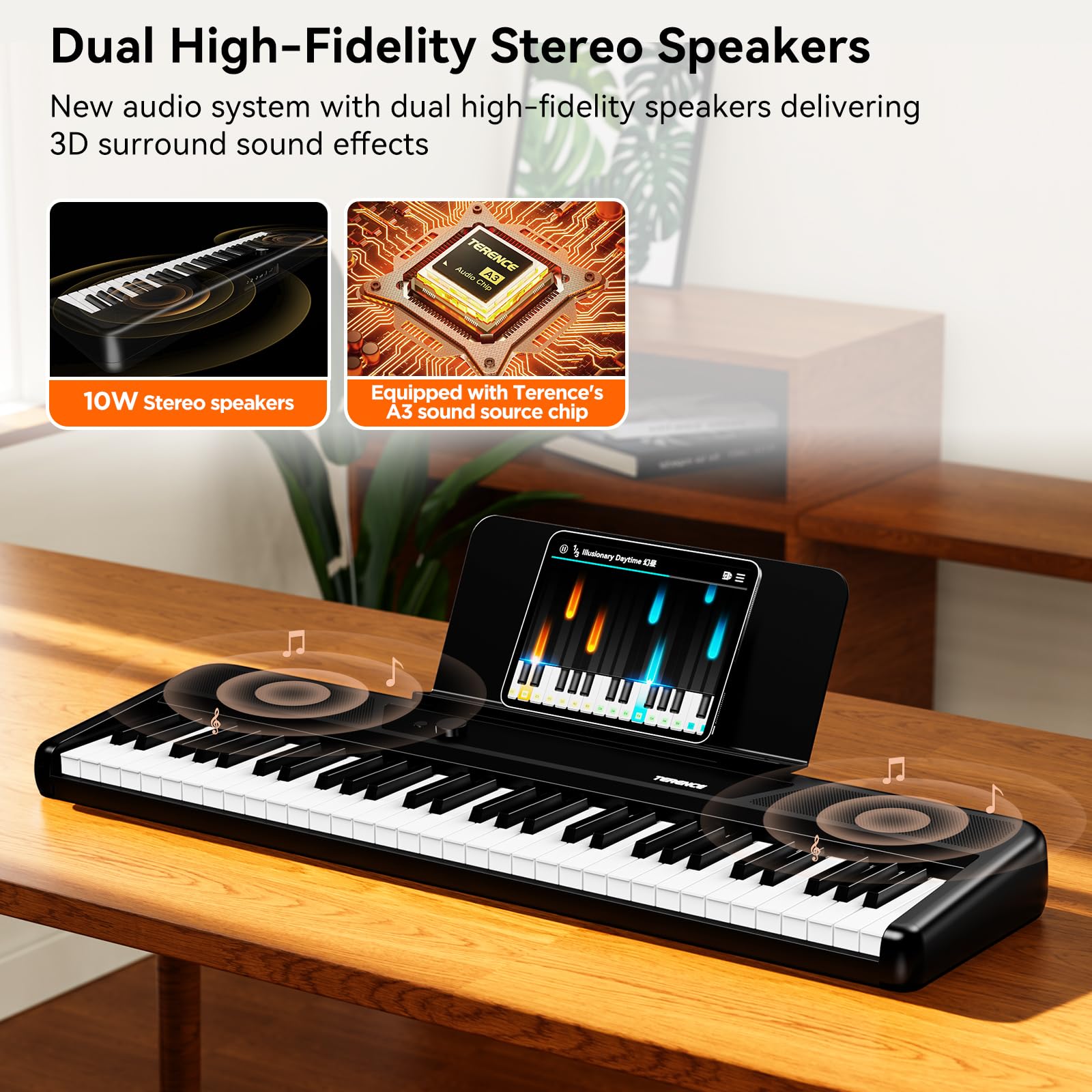TERENCE Tastiera pianoforte a 61 tasti – Set pianoforte elettronico con supporto, 2 altoparlanti da 5 W, risposta al tocco, ideale per principianti e adulti, portatile, MIDI, 128 suoni