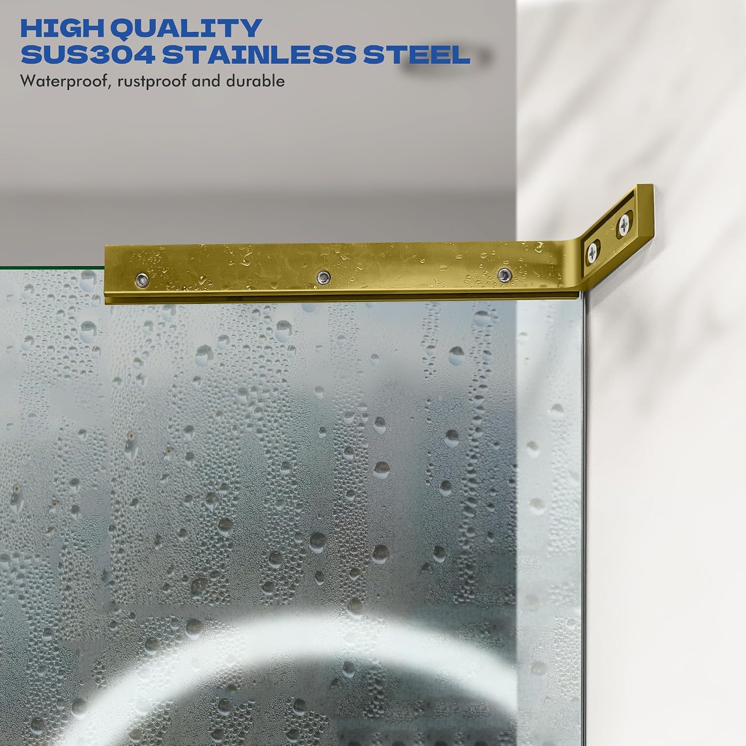 Shower Door Support Bracket, Stainless Steel Stabilizer Brace for 1/4"(6mm) 5/19"(8mm) 1/2"(10mm) Framless Shower Glass Door, 9.45 Inch Long, 3.4 Inch Left Bar, Brushed Gold