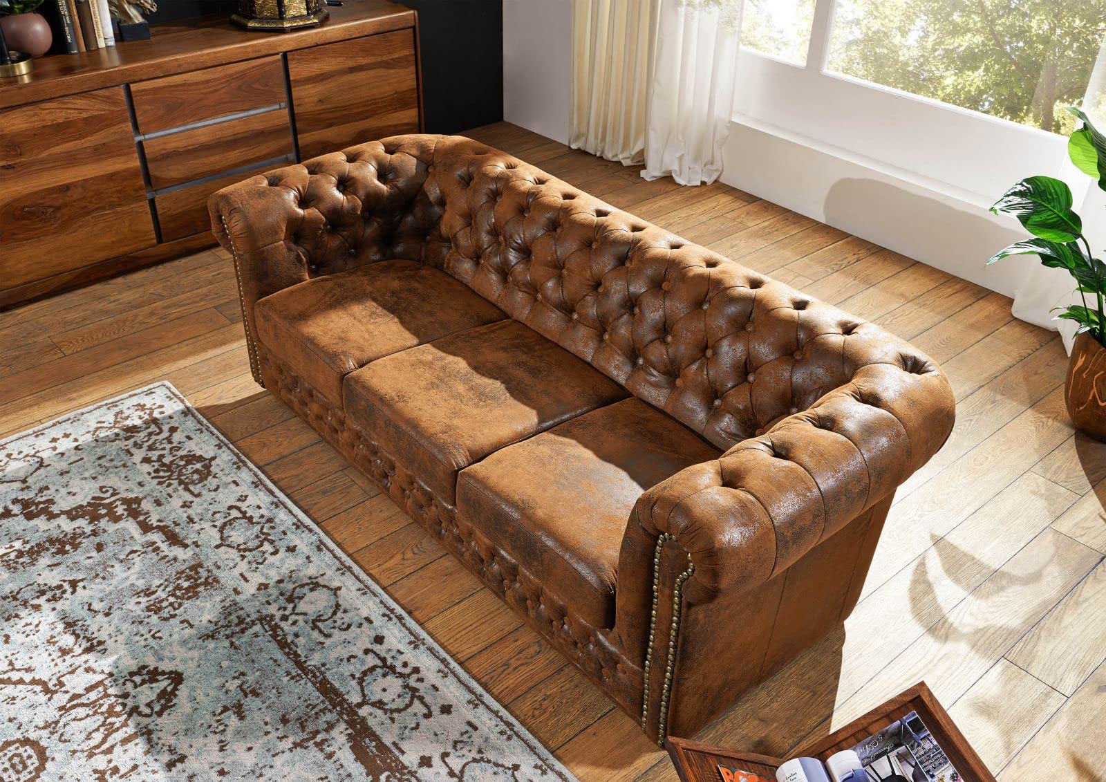 MASSIVMOEBEL24.DE Oxford Divano Chesterfield - Stoffa/Marrone - Stile Coloniale 203x86x72