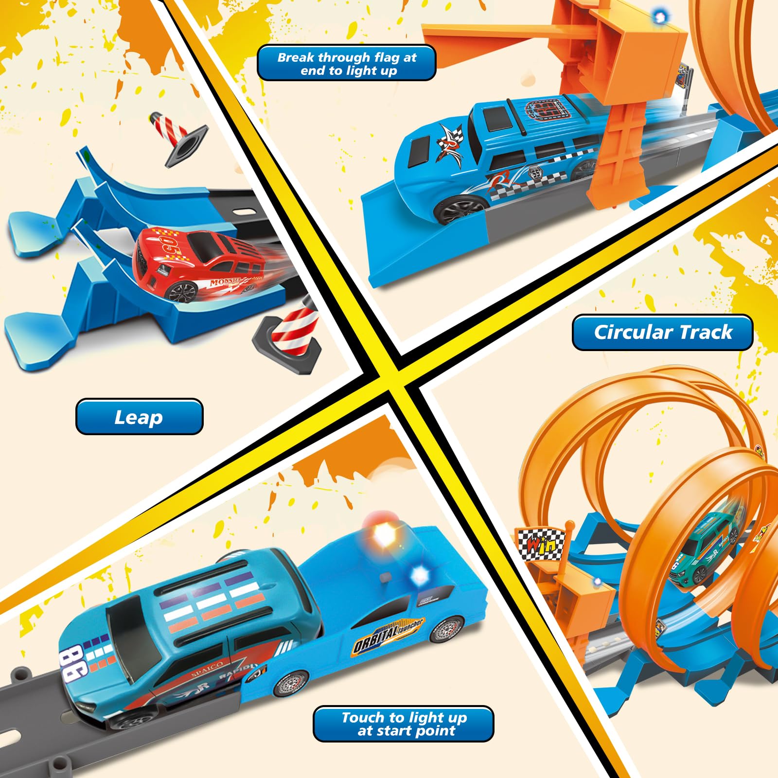 Ulikey Piste de Voiture Enfant, 76 Pièces Flexible Circuit Voitures avec 4 Loopings & 6 Voitures, Pistes de Course Voiture Jouet avec Lumières & Son, Démontage&Stockage, Cadeau Garcon Fille de 3+Ans