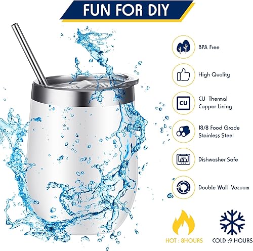 Miniatura 4 de Geiserailie 4 vasos blancos de sublimación de 12 onzas, vaso aislado de acero inoxidable con tapa y popote, cepillo de limpieza y revestimiento de