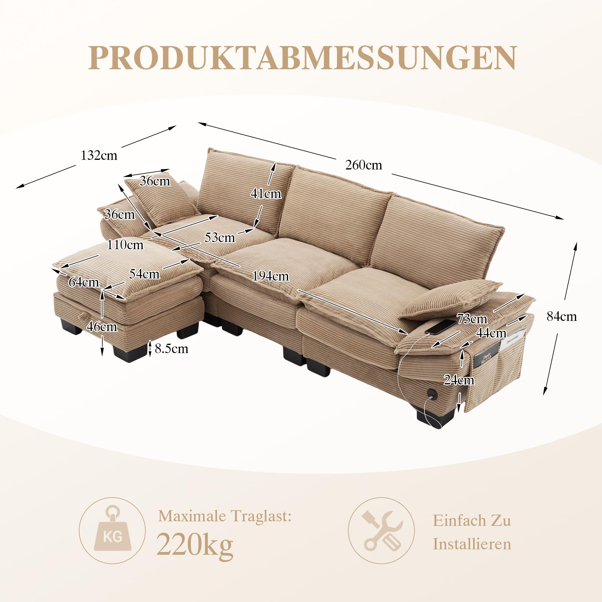 Modułowa sofa 3-osobowa z 1 taboretem, ergonomiczna szerokość siedziska z przyłączem C, sofa do salonu z bocznymi kieszeniami, do salonu, sztruksowy, khaki