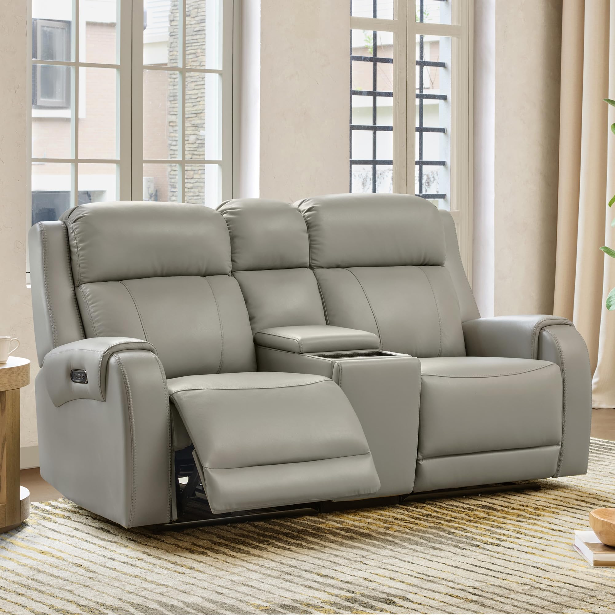 CHITA Genuine Leather Power Recliner Sofa, Loveseat with Console, Grey