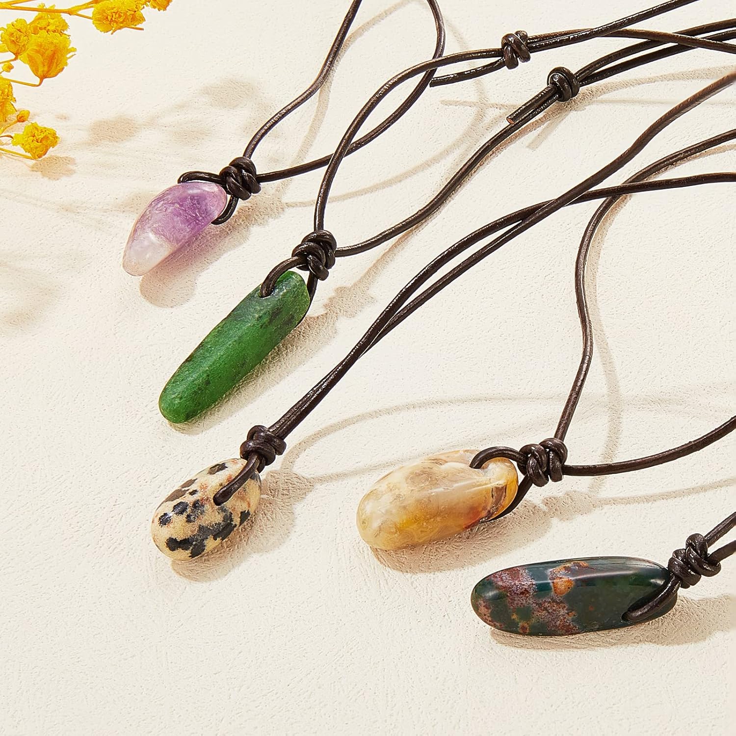 Ornaland 5 Pcs 5 Styles Natural Mixed Gemstone Pendant Necklace Adjustable Crystal Stone Charms Necklace with Cowhide Leather Cord Jewelry for Women - Image 2