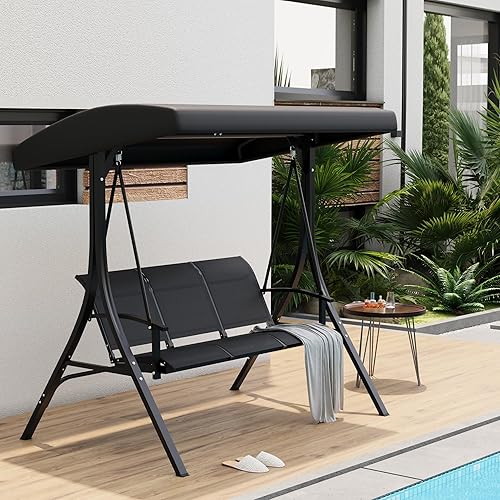 Miniatura 1 de GarveeLife Silla columpio de 3 asientos para patio, columpios colgantes para porche al aire libre con toldo y reposabrazos ajustables, asiento y
