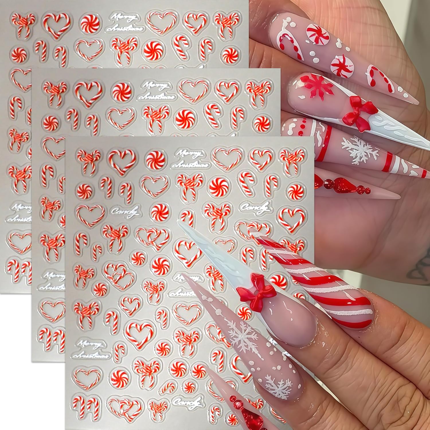 Amazon.com: 3 Sheets Christmas Candy Nail Art Stickers Decals 5D ...