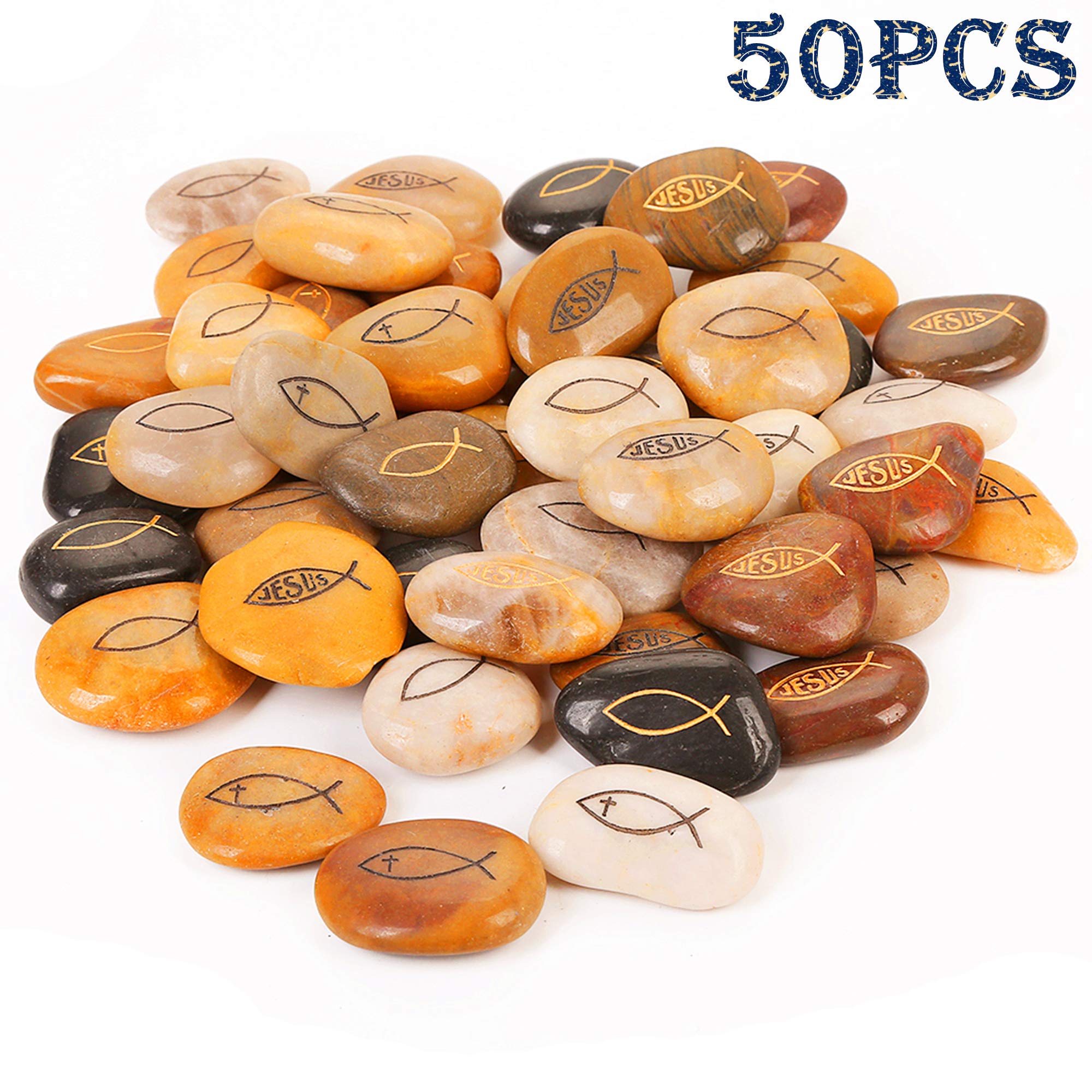 ROCKIMPACT 50PCS Jesus Fish Cross Christian Ichthys Ichthus Engraved Inspirational Rocks Faith Worry Stones Gratitude Rocks Healing Stones Wholesale Bulk Gifts Fish Cross Rocks, 2