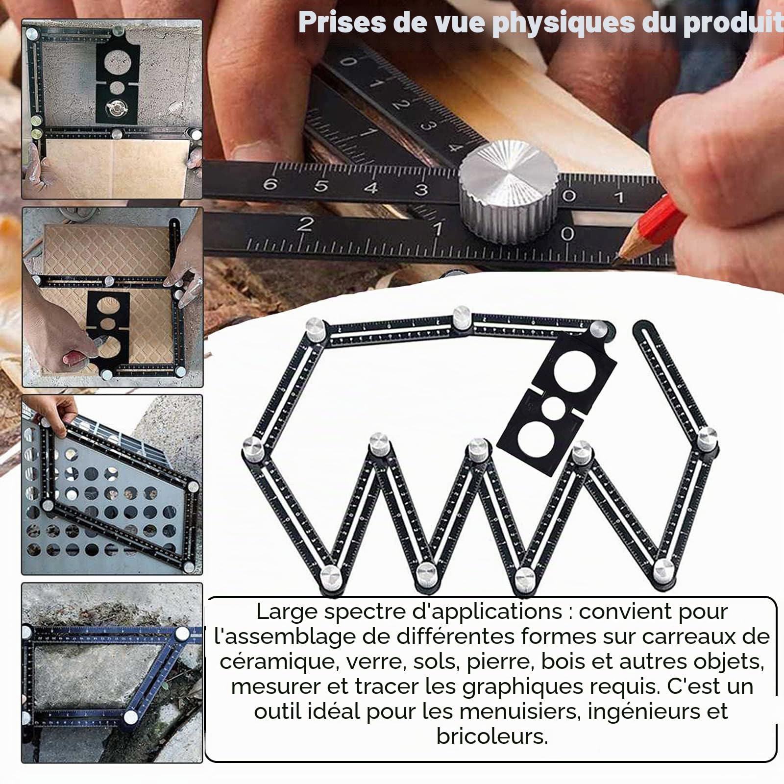 Outil de Template - Gabarit d'angle - Règle de mesure multi-angle - En alliage d'aluminium - 12 côtés - Outil de tuiles avec trou - Noir