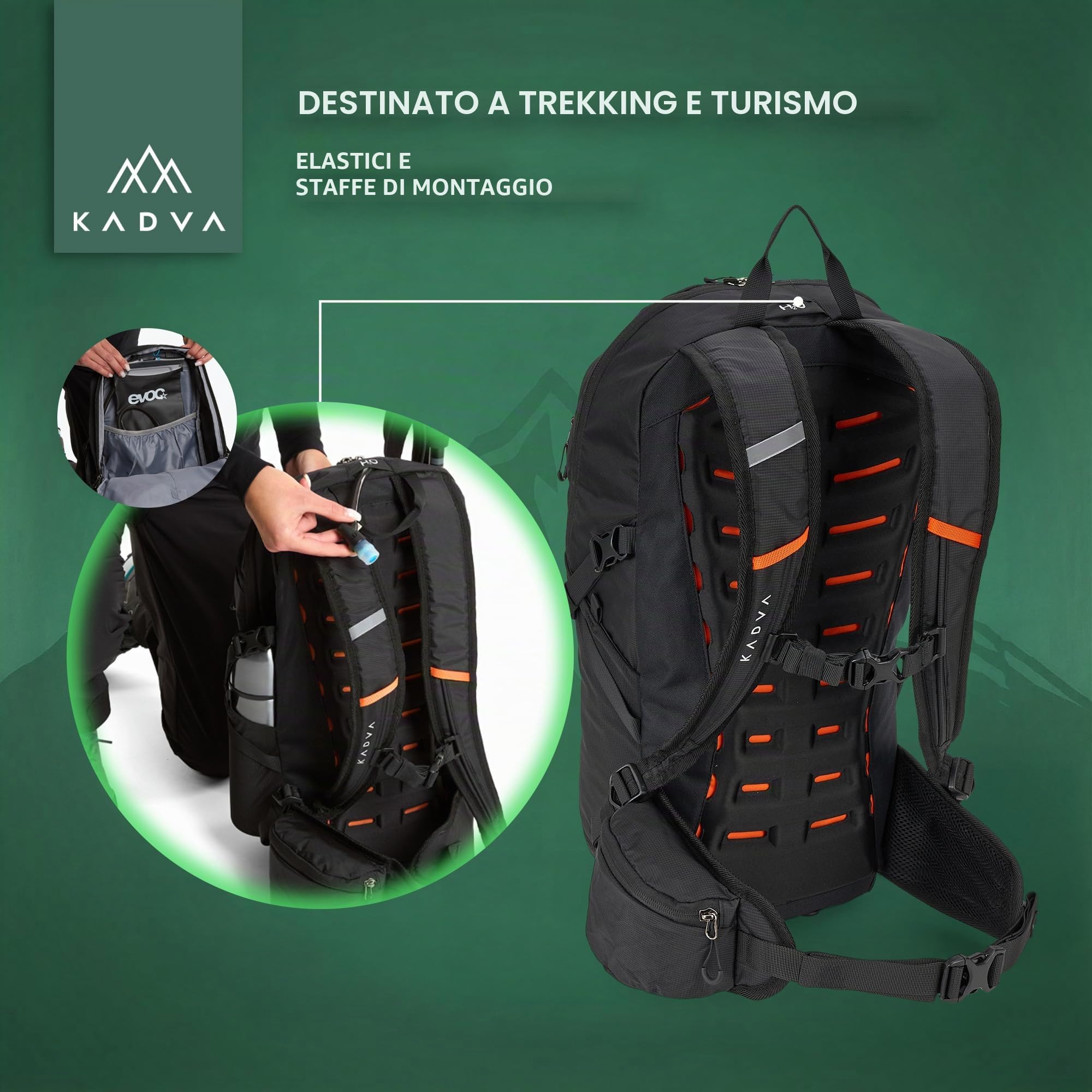 KADVA – Zaino da Trekking Fleiro 30 L con Schienale ventilato e Telaio, Accesso dal Basso al comparto Principale, Tasca per idratazione e Copertura Antipioggia Integrata