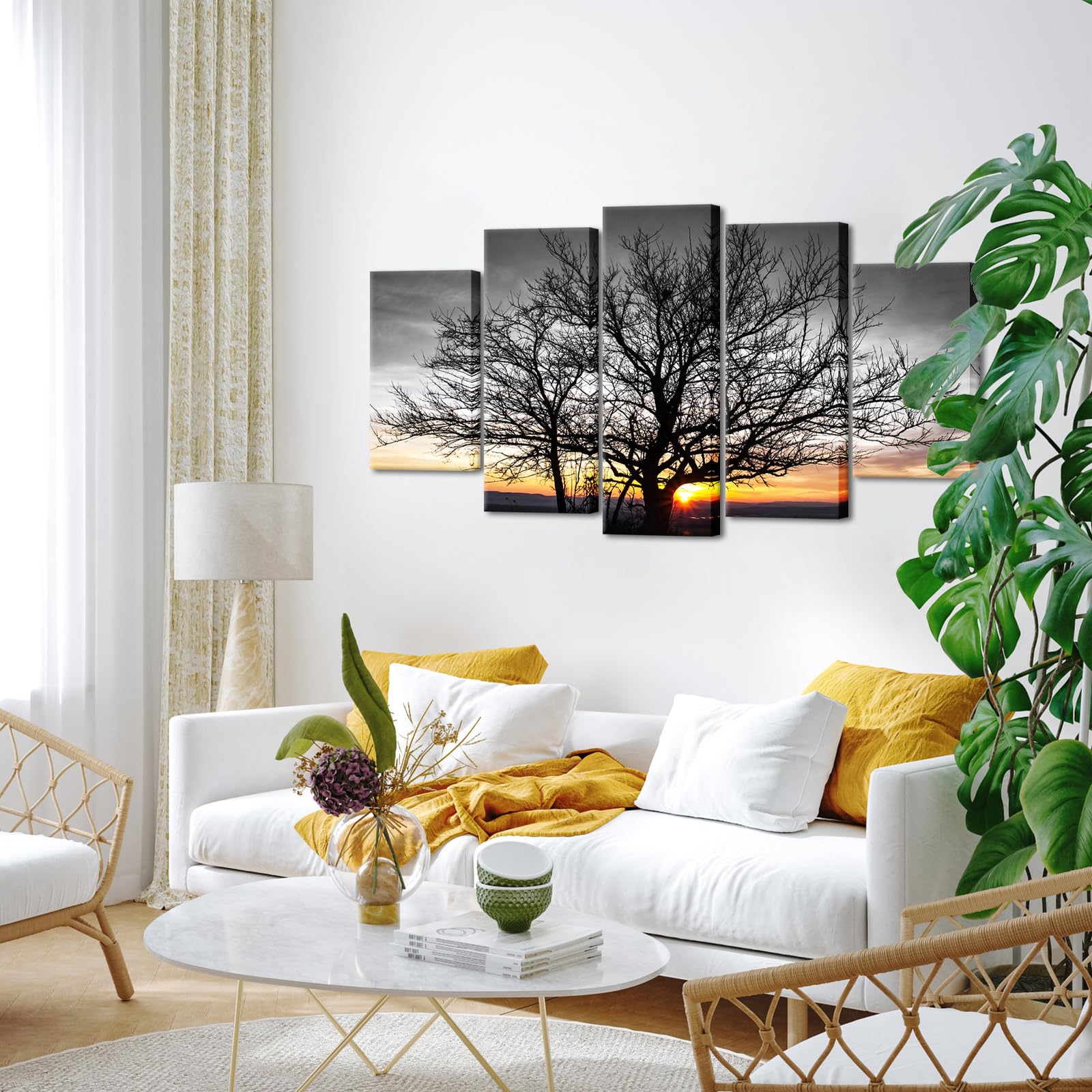 Artmyharbor Großer 5-teiliger schwarz-weißer Leinwanddruck Baum Wandkunst Gold Sonnenaufgang Bilder Gemälde Natur Landschaft Kunstwerk Zuhause Bauernhaus Wohnzimmer Schlafzimmer Büro Wanddekoration