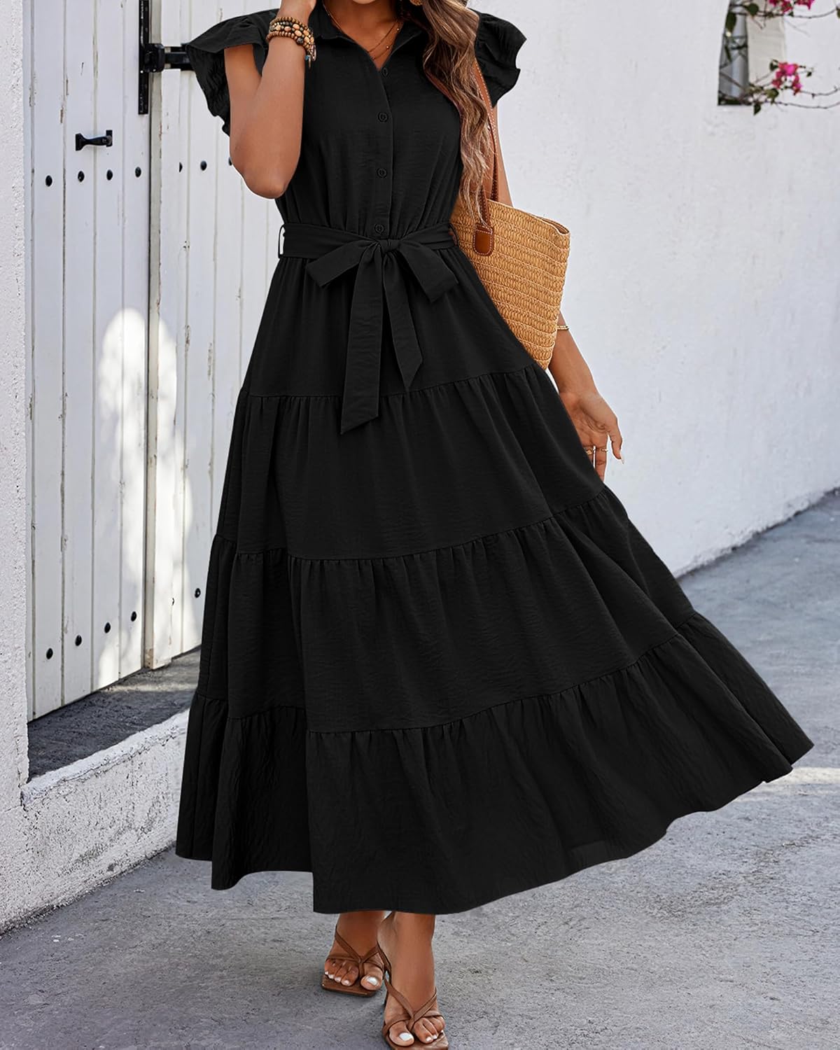 dowerme Women's Summer Casual Dresses 2026 Cap Ruffle Sleeve V Neck Button Belted Tiered Boho Maxi Dress with Pockets - Image 4