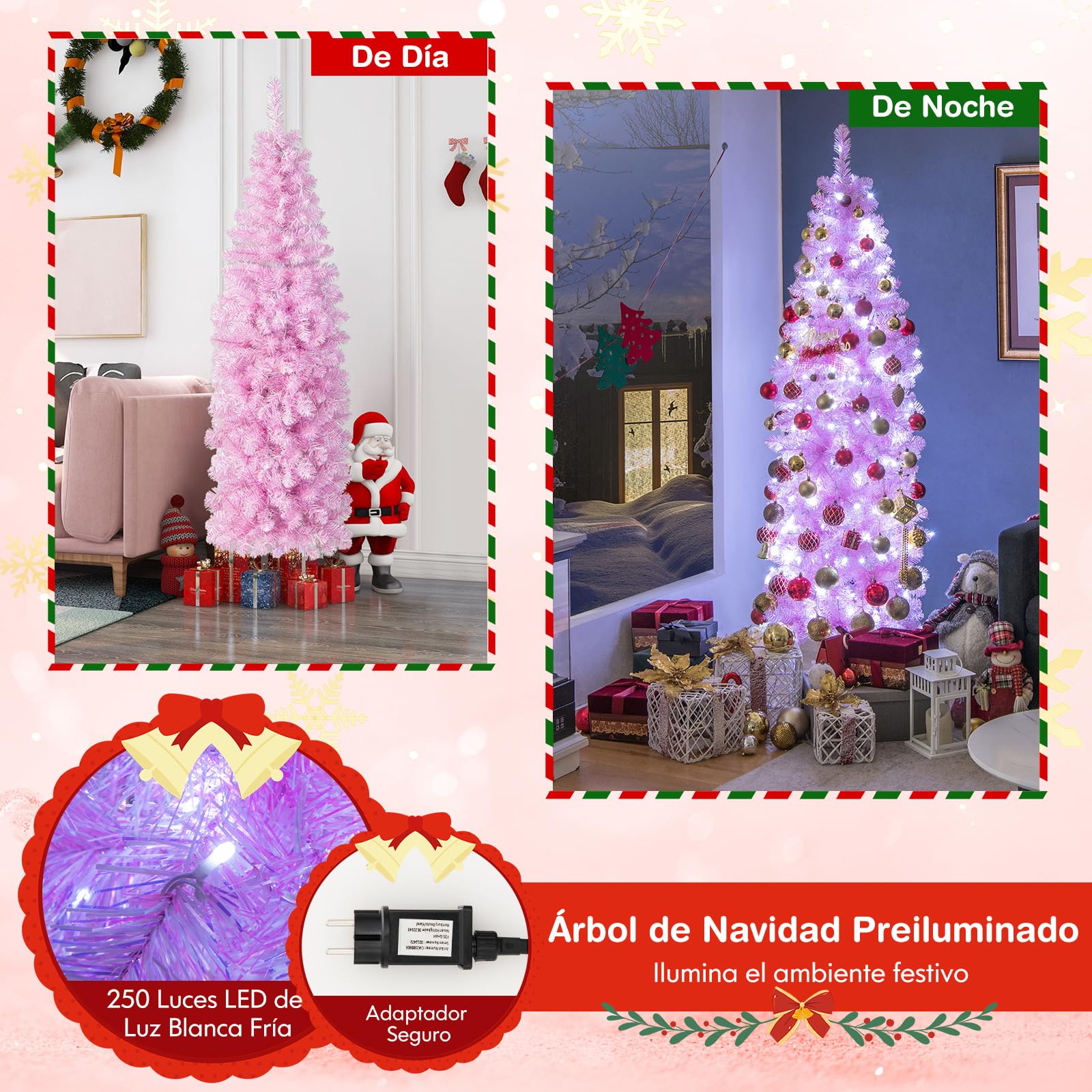 COSTWAY Árbol de Navidad Rosa 180cm, Arbol de Navidad Slim/Estrecho con Luces Incorporadas, 250 Luces Blancas Frías, 475 Ramas de PVC y Pet, Arvore de Natal Soporte de Metal Casa/Oficina