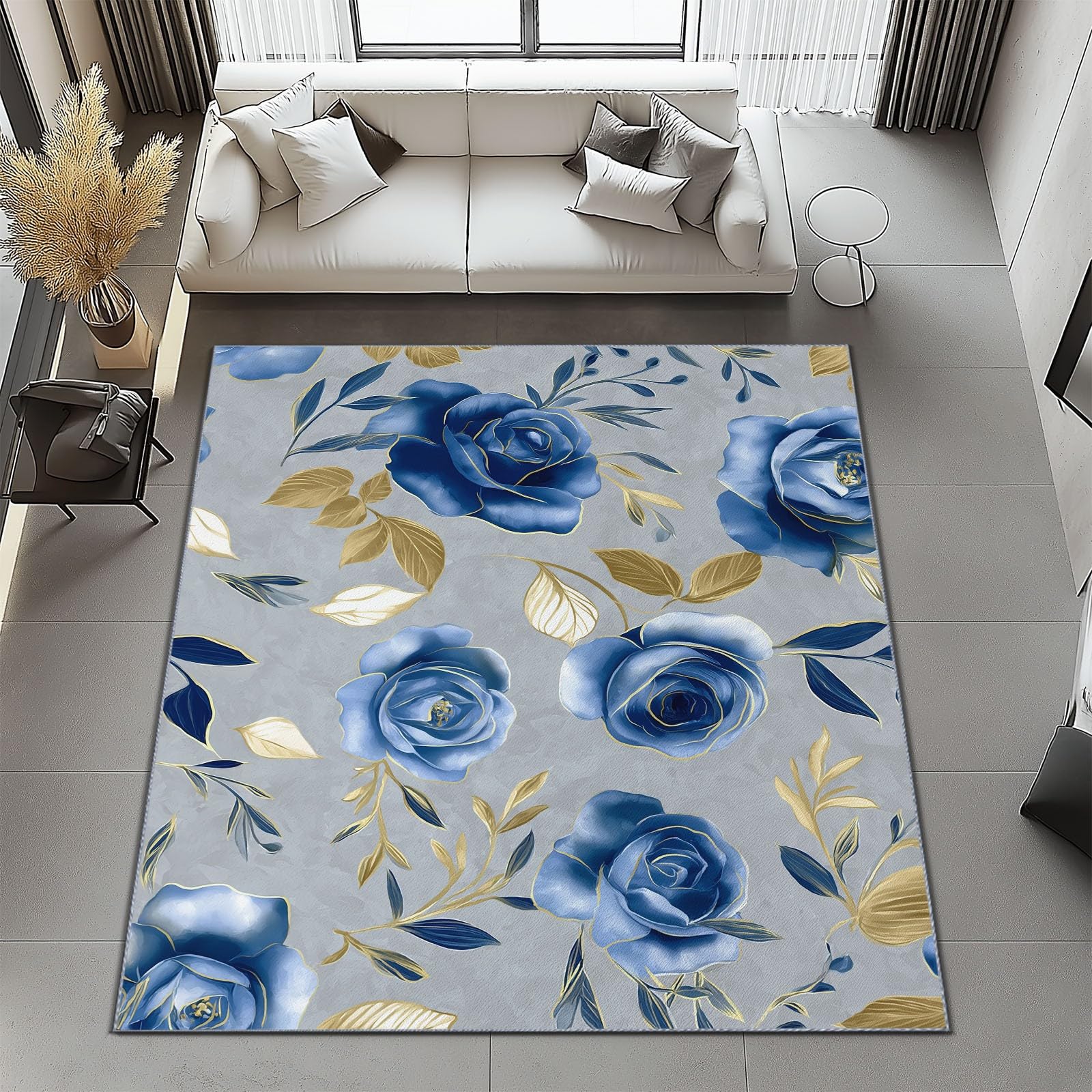 Tapis Salon Salle à Manger Chambre Adulte et Ado, Cuisine - Design Roses Bleues À L'Aquarelle Bleu, Poil Ras Doux Léger Antidérapant 80 x 150 cm