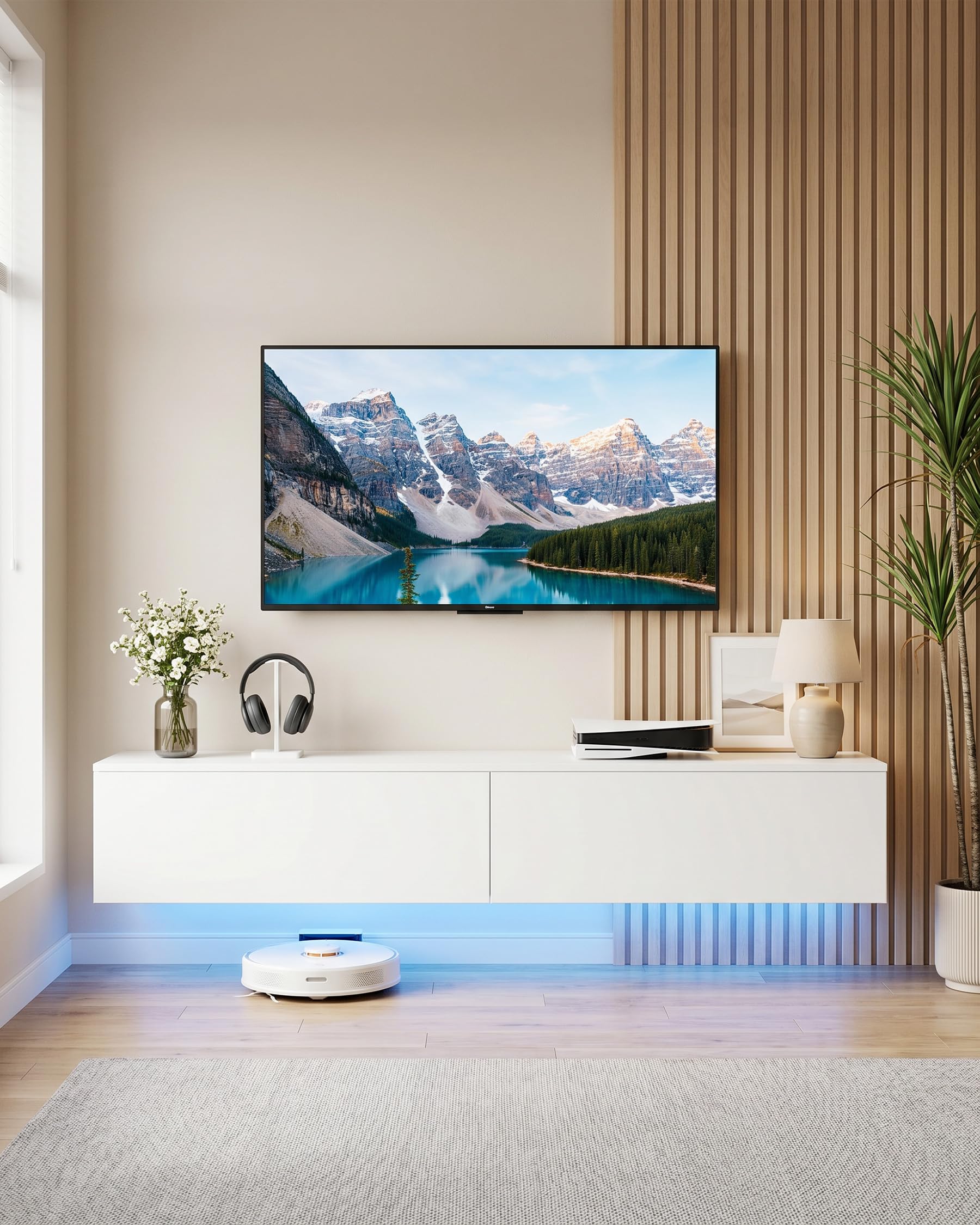 Muebles TV Salon Modernos, Mueble TV Flotante Blanco 180 cm con Espacio de Almacenamiento y Efecto RGB Multicolor Variable
