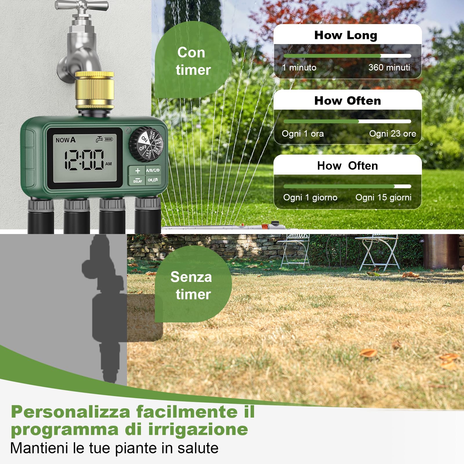 Centralina Irrigazione 4 Vie con Ingresso in Ottone, Grande Display LCD, Computer Giardino Irrigazione Timer, Timer Irrigazione Automatica con Ritardo Pioggia per Automatica e Manuale per Prato