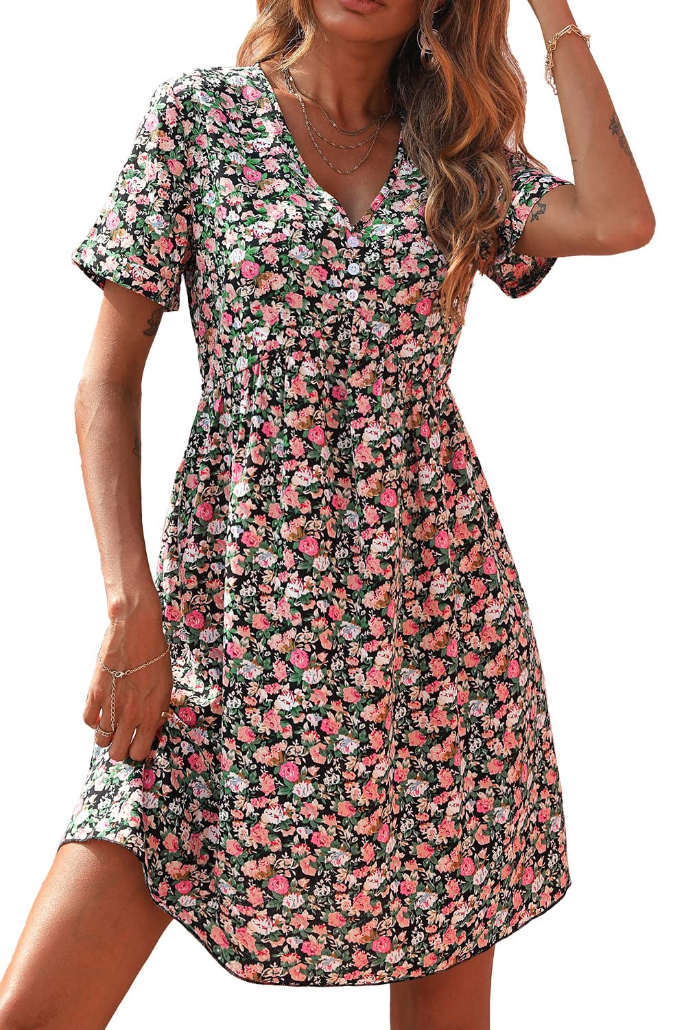 Photo 1 of **USED** PRETTYGARDEN Summer Dress for Women Short Sleeve V Neck Ruffled Floral Swing A-Line Dresses Rose Red Small