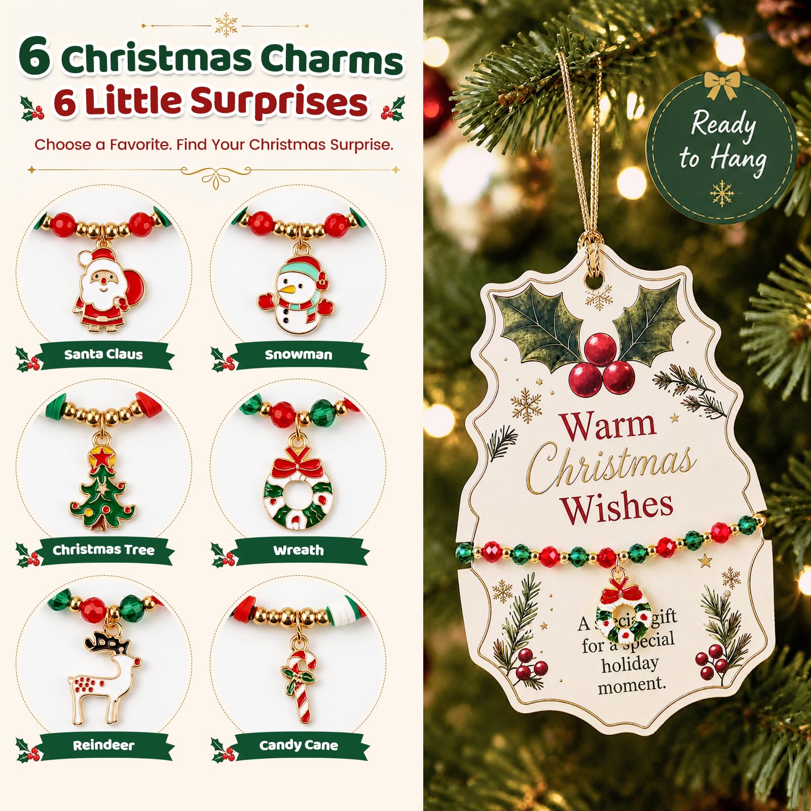 LovesTown 6PCS Christmas Bracelets with Wish Cards, Beaded Charm Gift Set