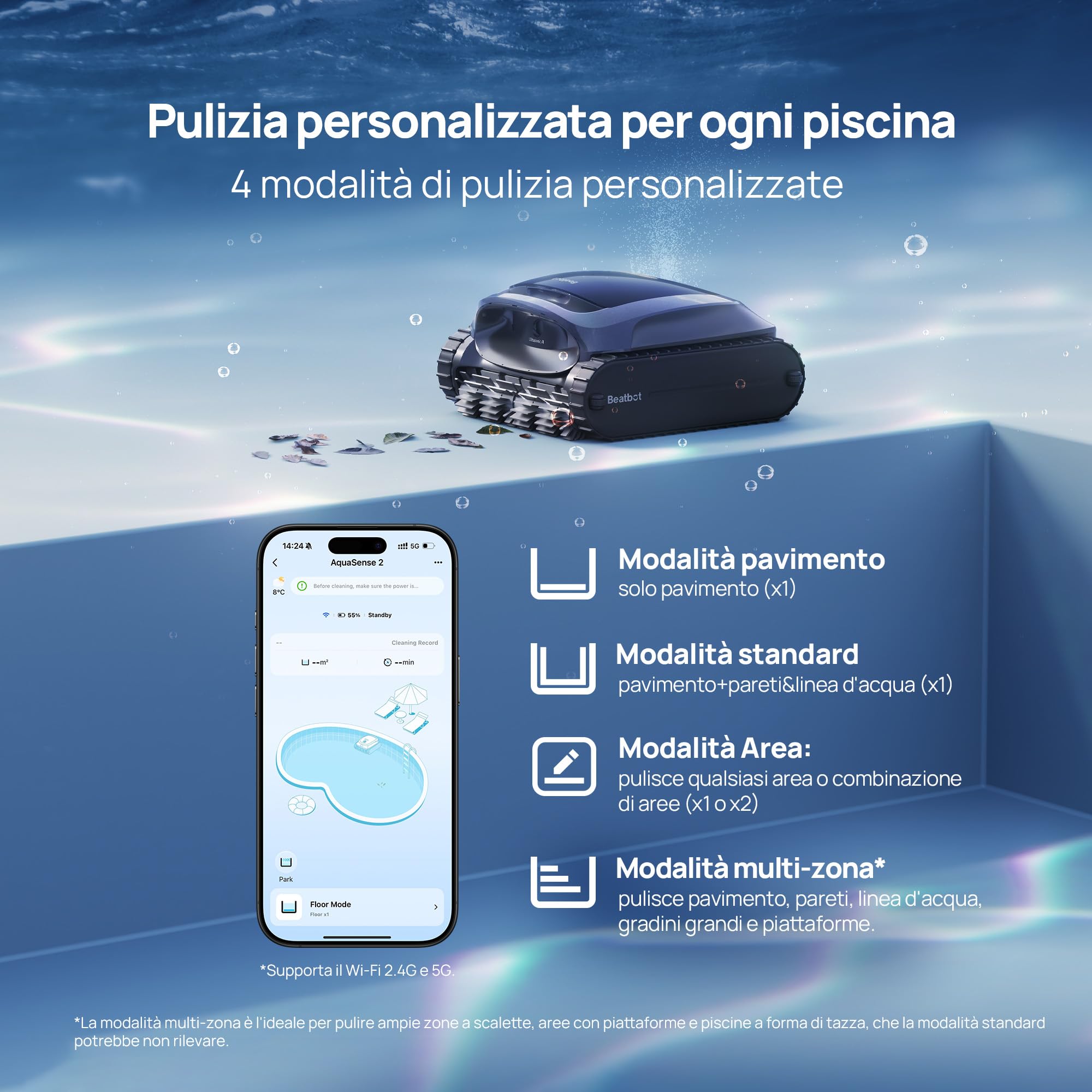Beatbot AquaSense 2 robot piscina pareti e fondo,Linea d'acqua,Senza Fili | Parcheggio intelligente. Pulisce pavimento, pareti e linea d'acqua con doppio passaggio, Per piscine fuori terra e interrate