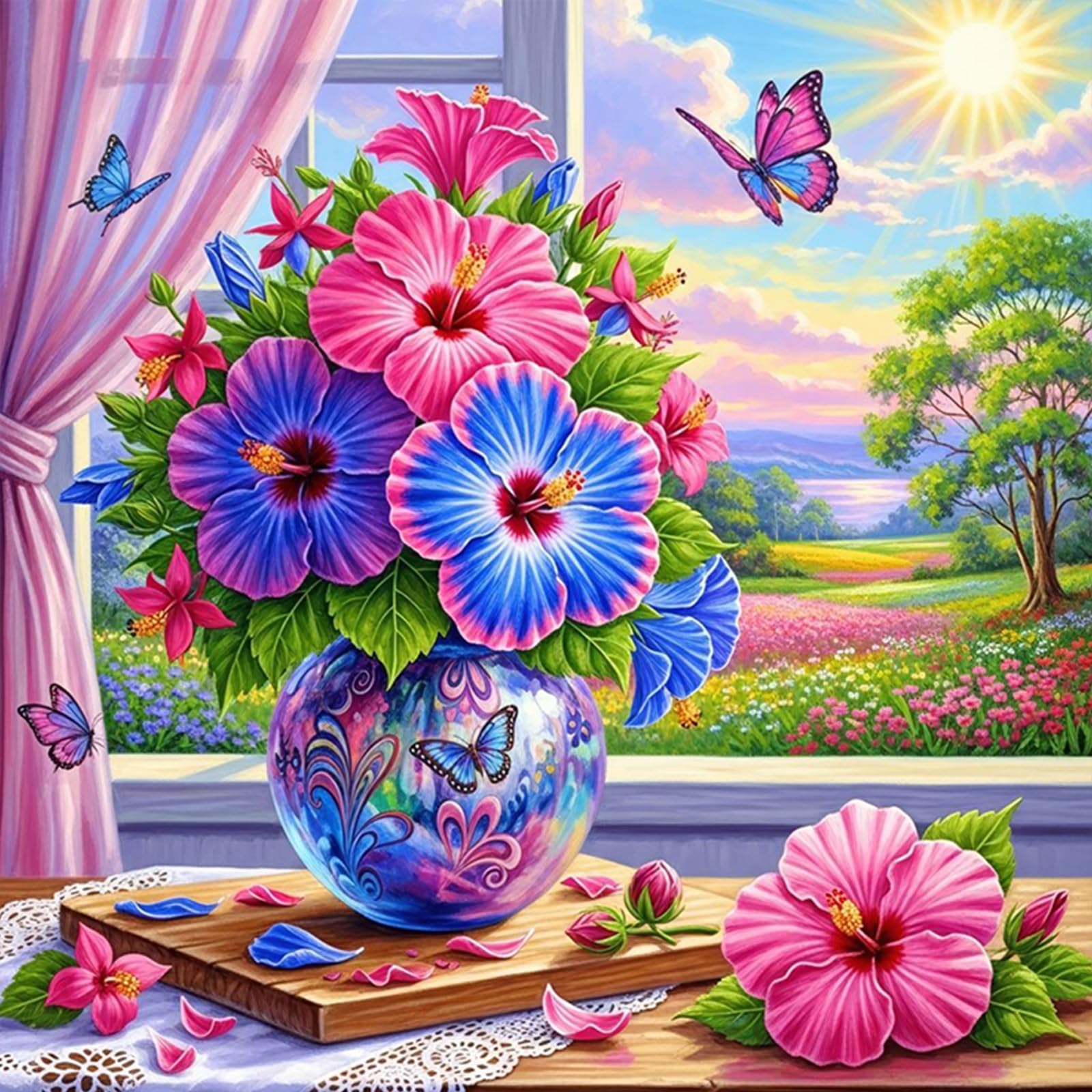 Poetrydraw Hibiscus By The Window 5D Diy Square Drill Diamond Art Kit For Adults Beginners Home Decor 17.72X17.72inch