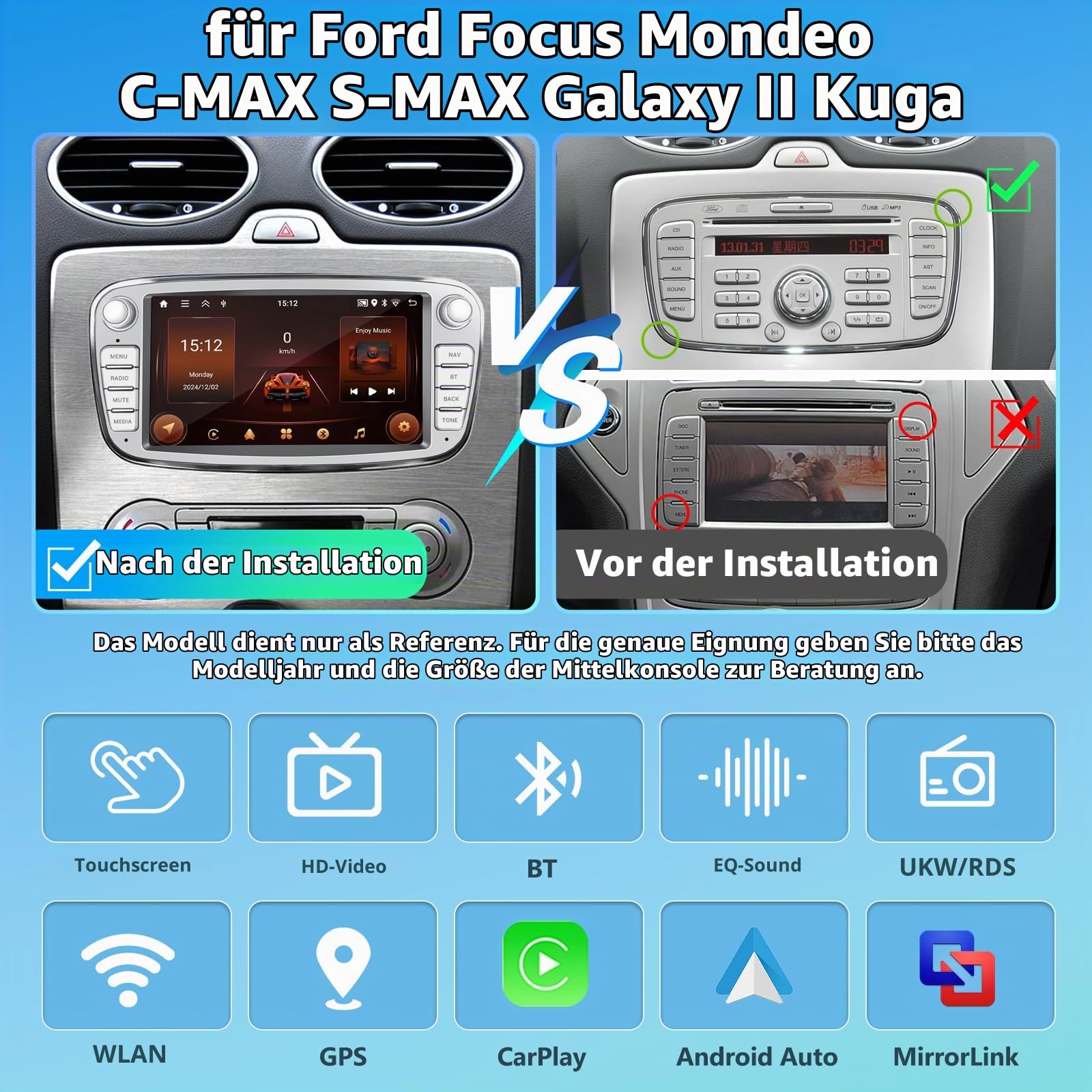 Wireless Carplay Autoradio für Ford Focus II S-Max Mondeo Galaxy II, 9" 2+64G Android Car Radio with Android Auto/Touch Screen/Bluetooth/GPS/SWC/WiFi/Mirror Link/FM/RDS + Rückenkamera