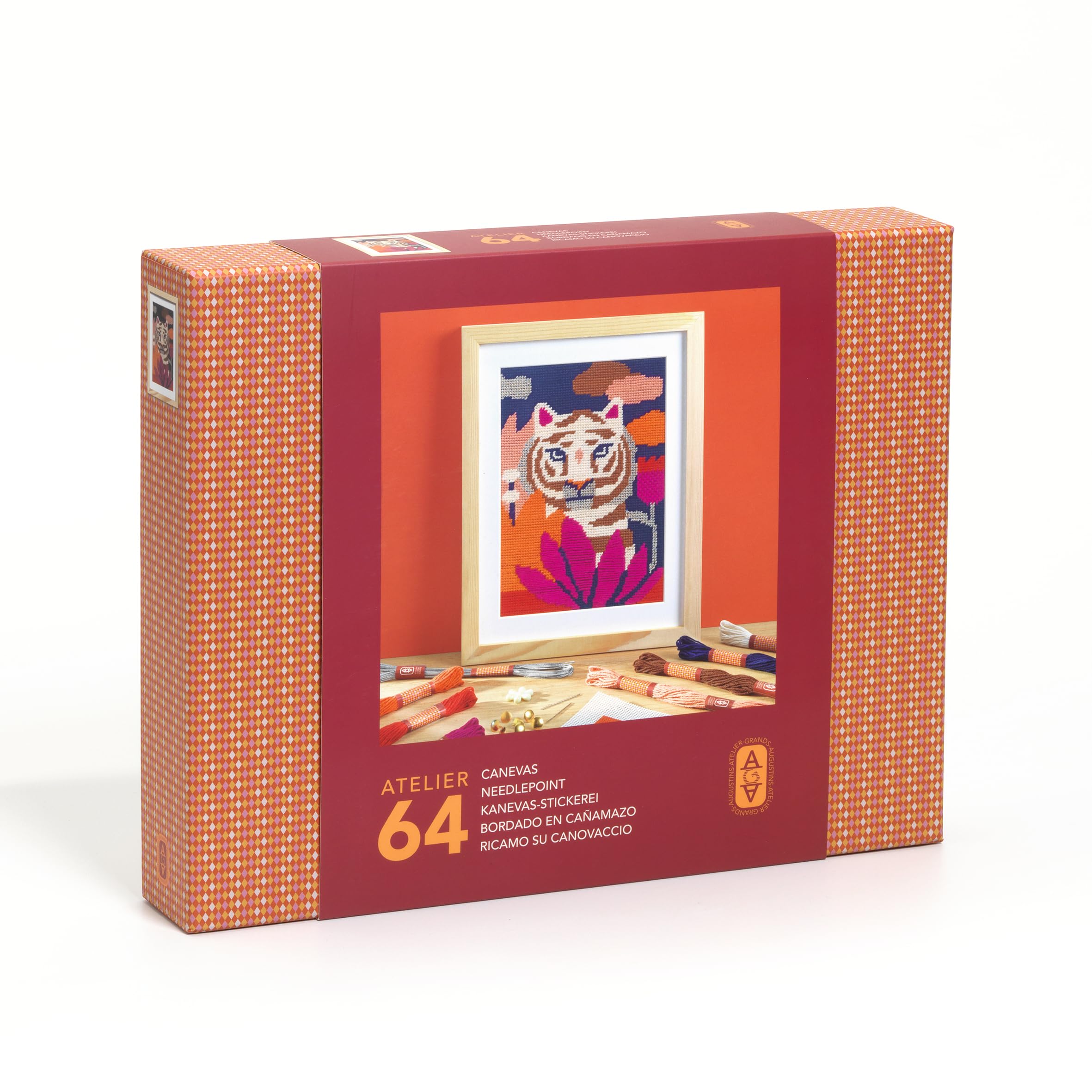Djeco Red Atelier 64 - Needlepoint Workshop Tiger - Arts & Crafts Kit For 8-99 Years By Atelier Grands Augustins
