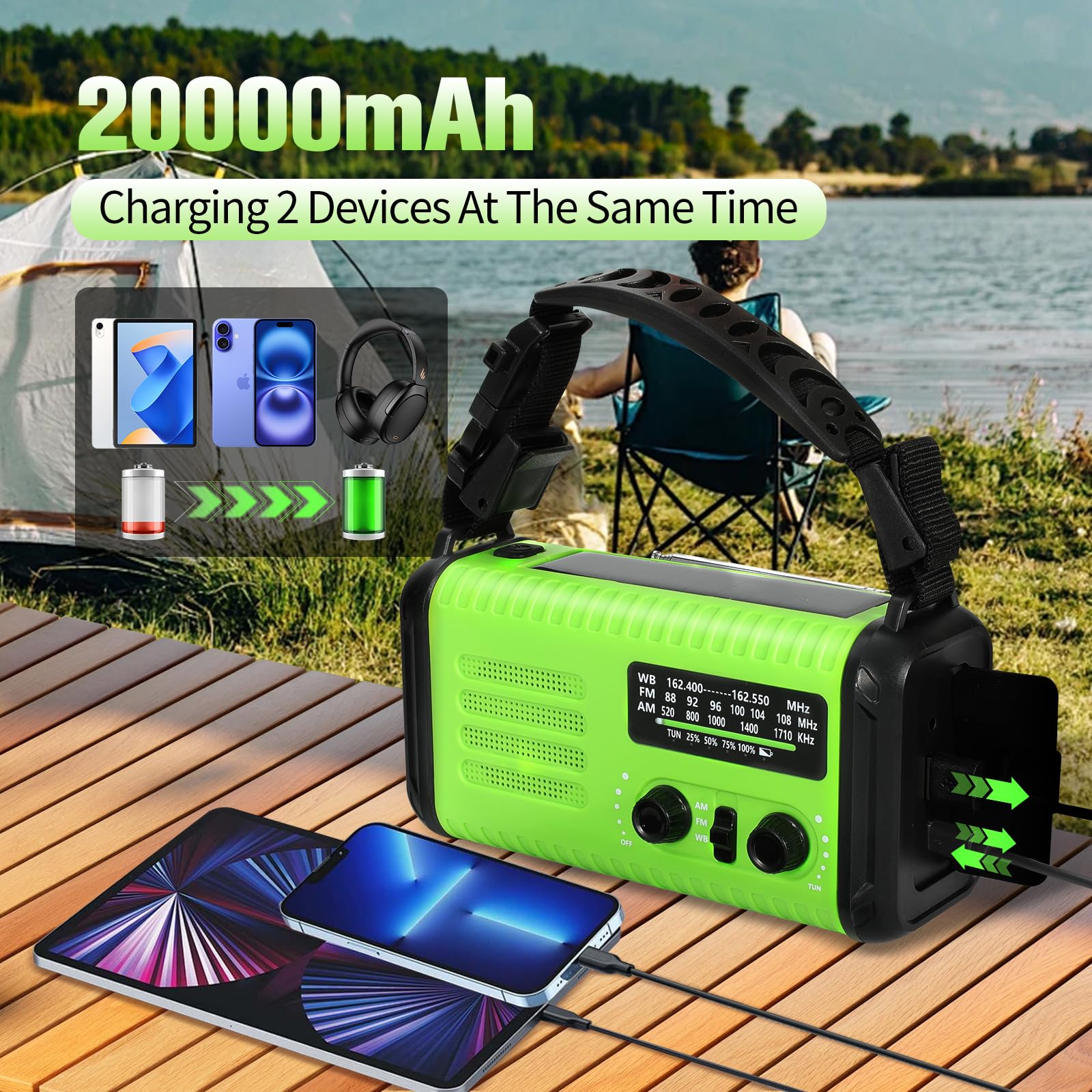 20000mAh / 74000mWh Emergency Crank Radio, NOAA/AM/FM Portable Weather Radio, Solar Hand Crank Radio, Battery Powered with USB Phone Charger, Flashlight Reading Lamp & SOS for Survival (Light Green)