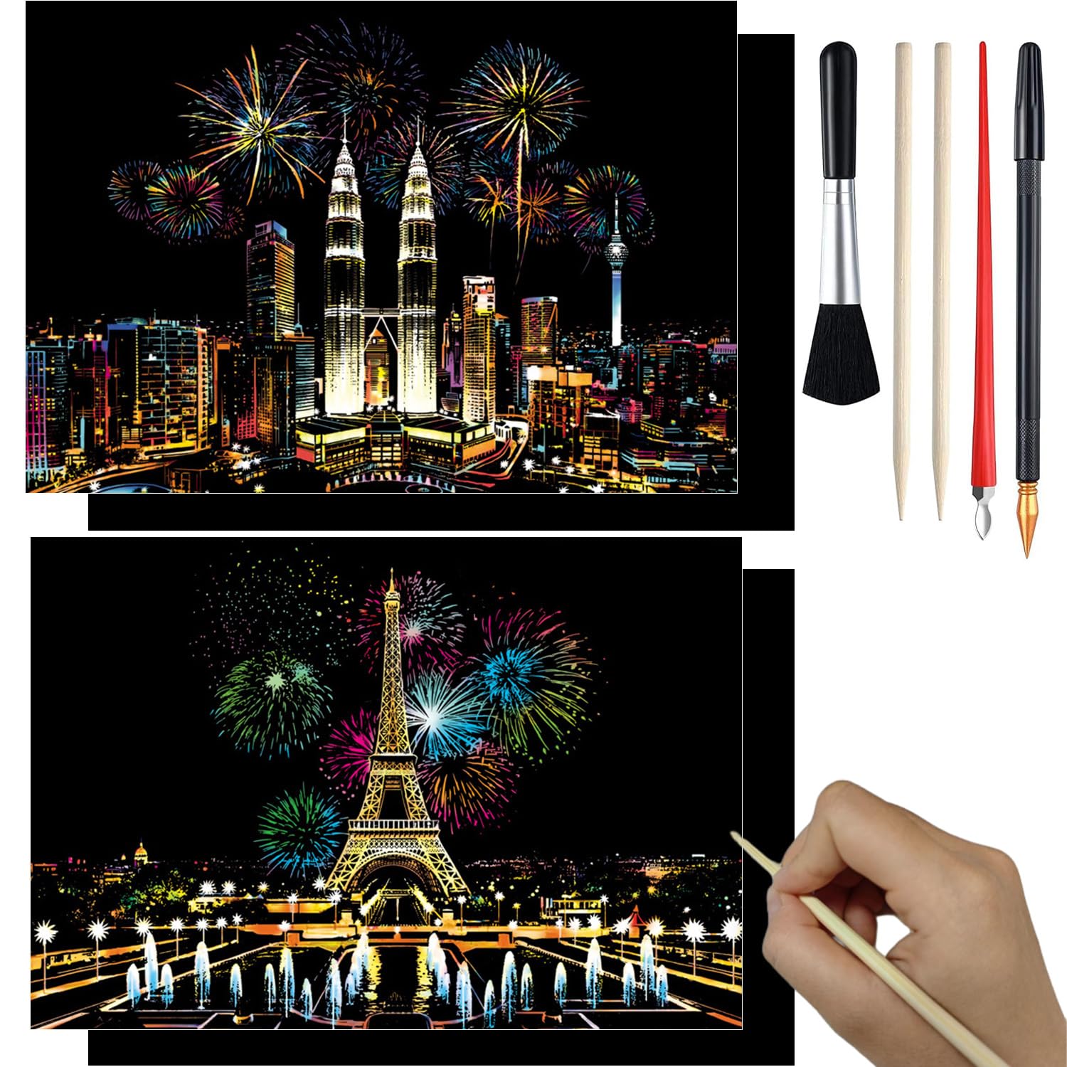 BESTINGScratch Paper Art Kits for Adults Rainbow Scratch Painting 4 Pcs 16" x 11.2" Scratchboard Art DIY Craft Malaysia Petronas Twin Towers Paris France Night View for Gift Decor and Relaxation