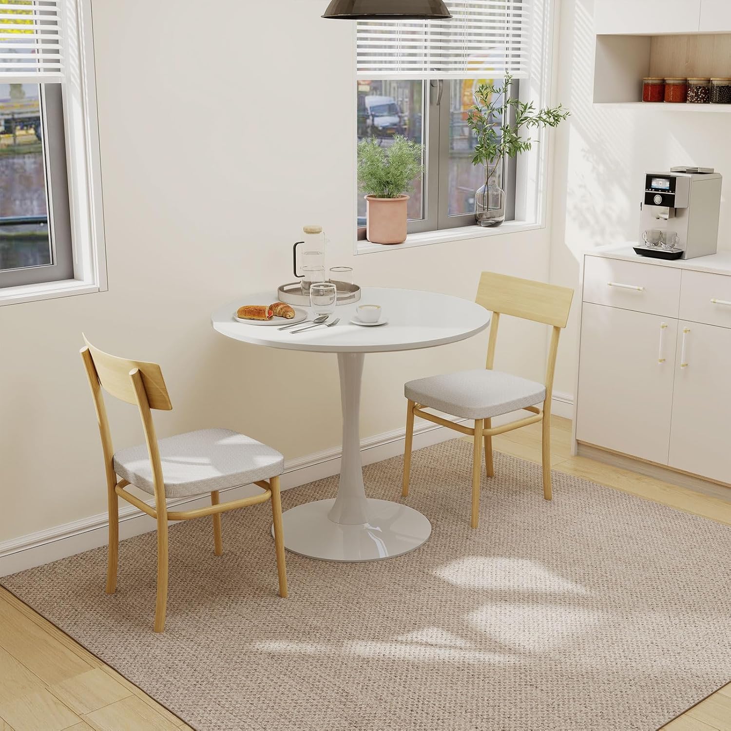 27.5" White Round Tulip Table, MDF Top & Metal Pedestal Base, Modern Accent Table for Small Spaces, Kitchen, Dining Room & Living Room