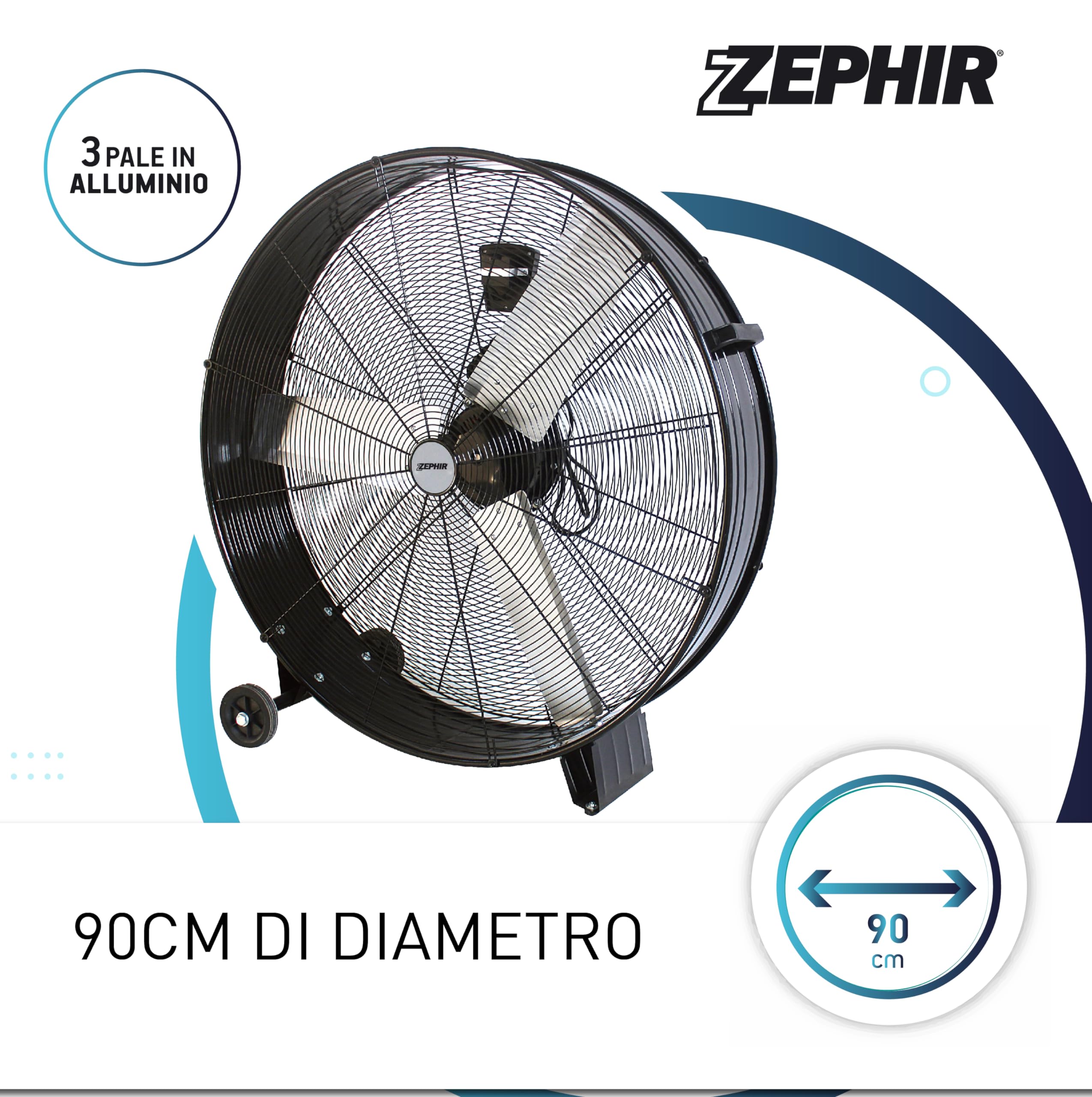 Zephir ZDM90CM Ventilatore Industriale da Terra Professionale con Ruote Struttura Interamente in Metallo Superpotente Pala 90 cm Gabbia 3 velocità selezionabili Motore da 360W, Nero