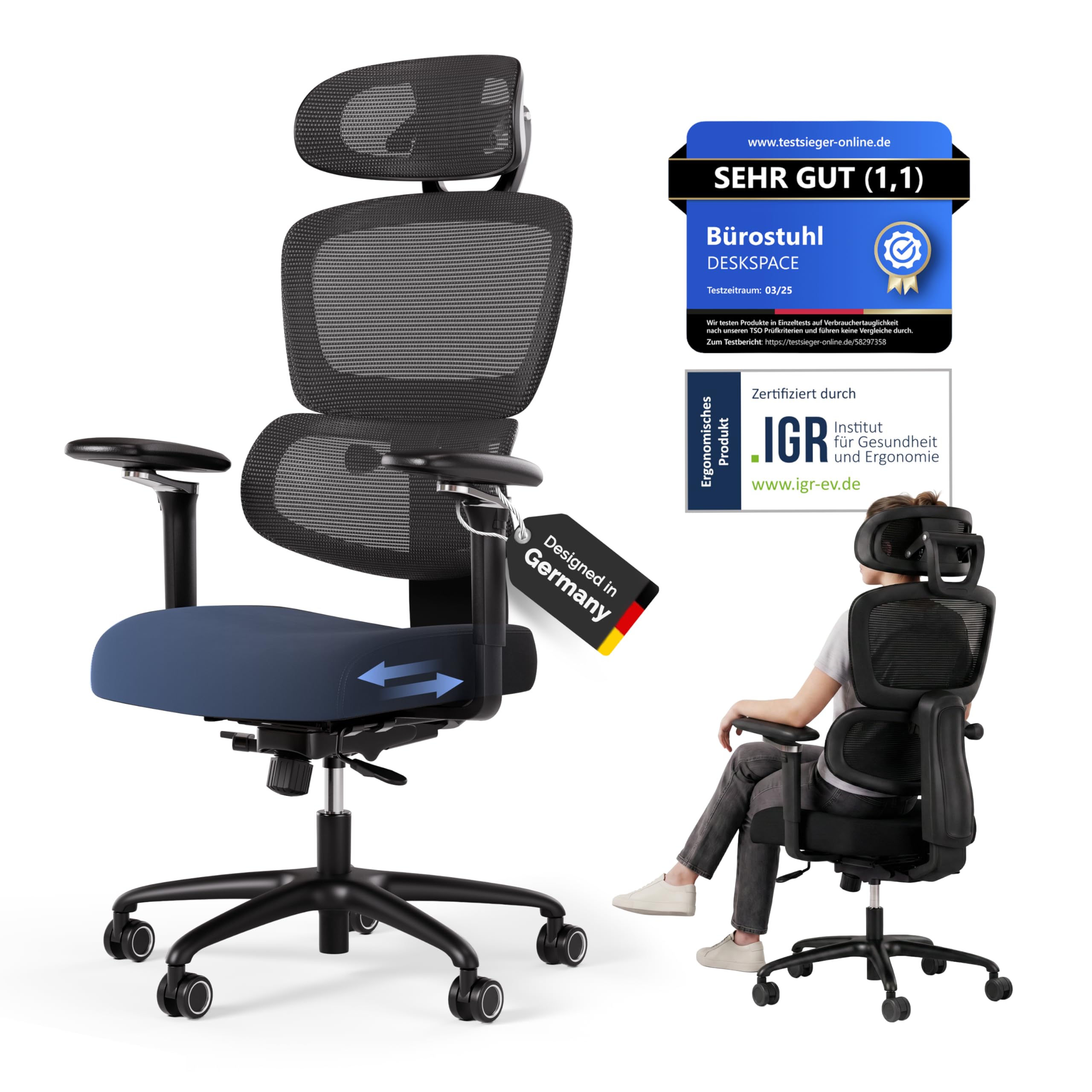 Move Pro Bürostuhl ergonomisch bis 150kg (Testsieger) - 5 Jahre Garantie | Schreibtischstuhl mit intelligenter Lordosenstütze, 3-stufiger Neigung, höhenverstellbare Rückenlehne, 5D-Armlehnen (Schwarz)