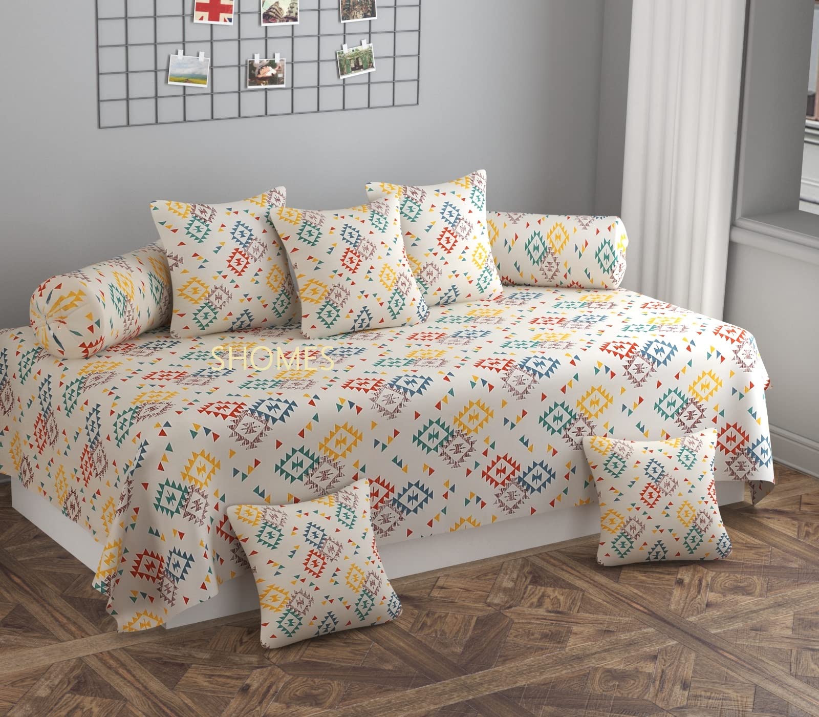 SHOMES Pure Soft Cotton Attractive Printed Diwan Set Covers 8 Pieces - 1 Single Bed Sheet (60 X 90) with 5 Cushion (16 X 16), 2 Bolster Covers (16 X 32) - Cream Triangle (B0BR1F8H52) Amazon Price History, Amazon Price Tracker