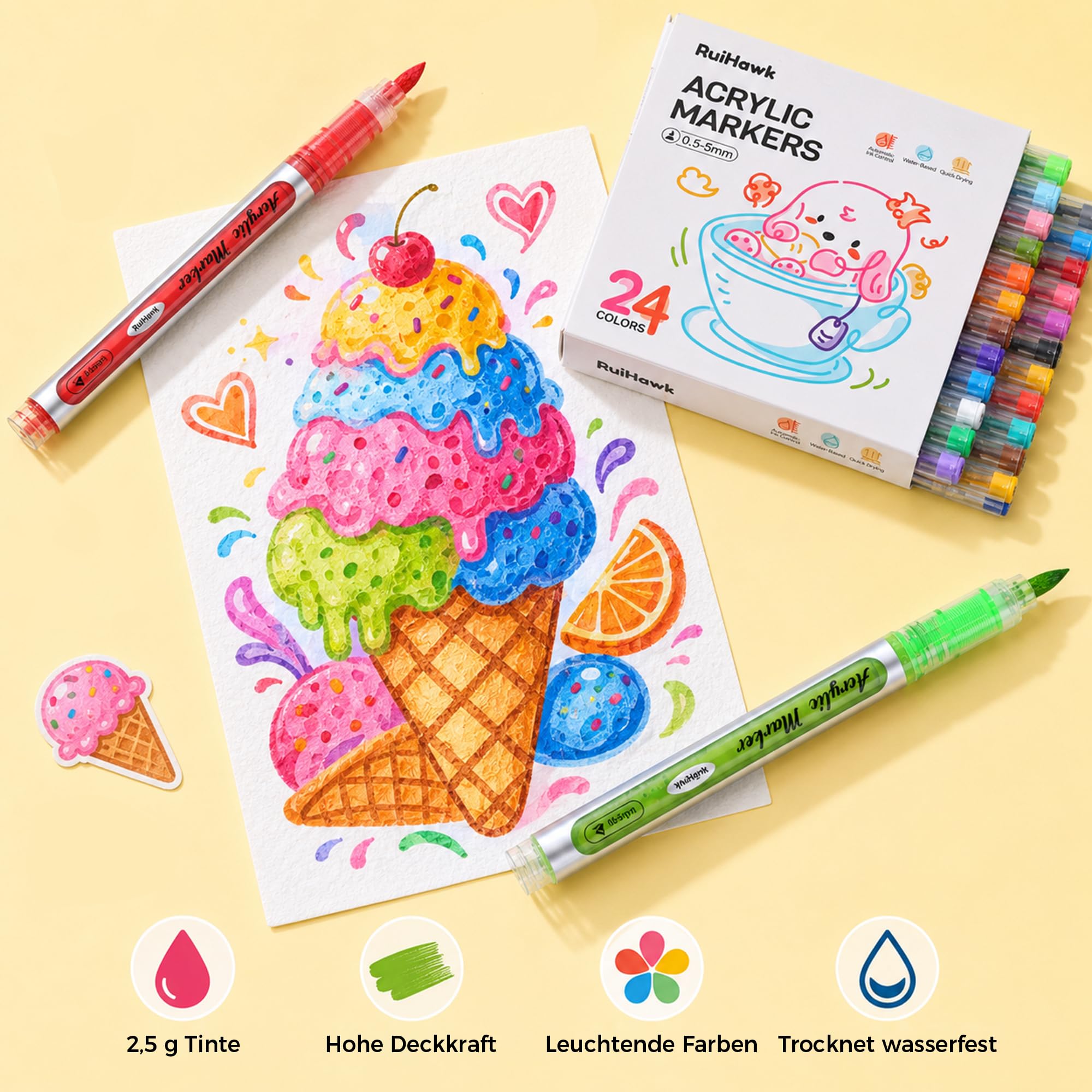 RuiHawk 75 Magic Puffy Paint Set, 3D Schaumtextur-Malset für Kinder mit 38 Blättern & 24 Acryl-Markern, Nicht Giftig & Wasserlöslich - Kreativset Geschenk ab 5 Jahren
