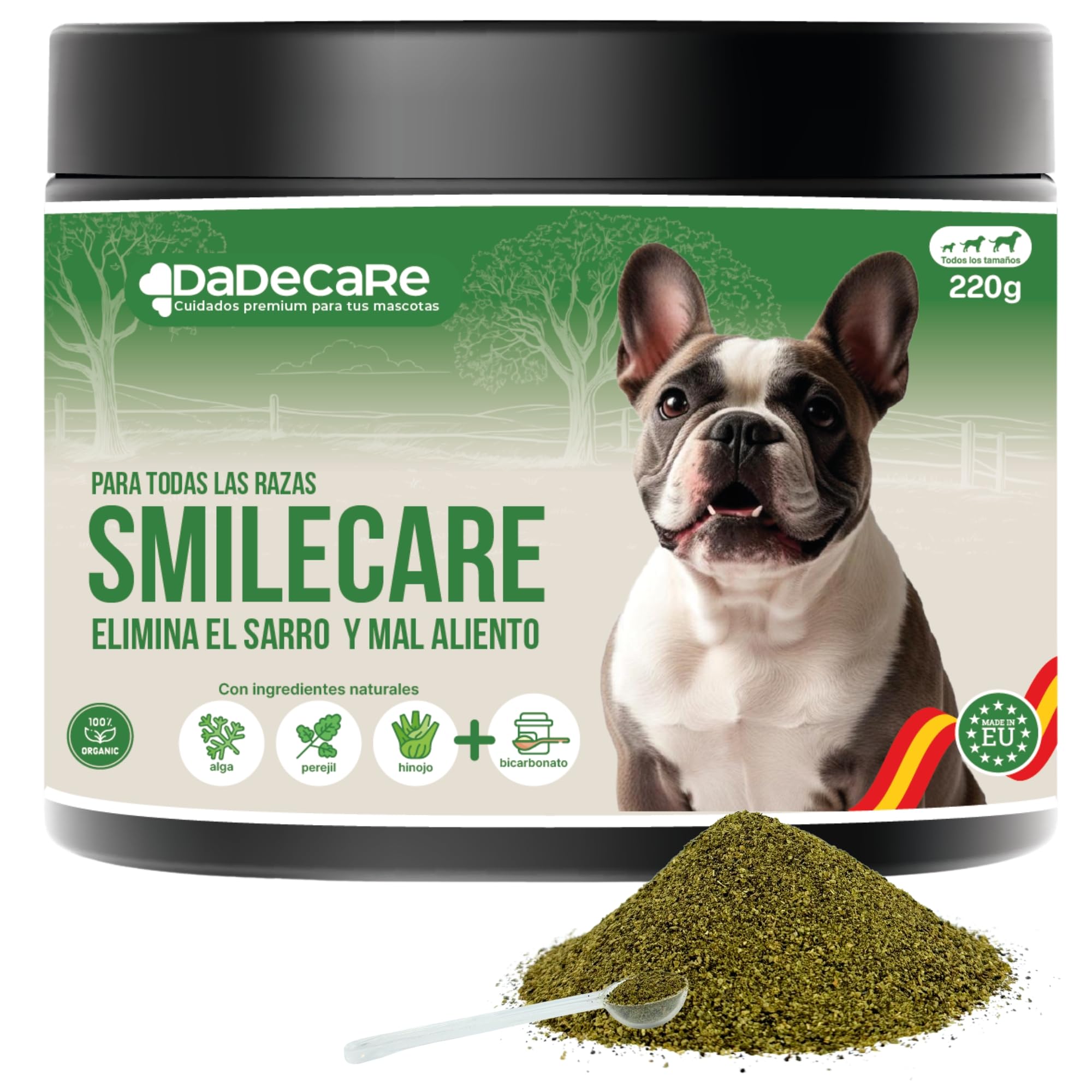 Smilecare - Polvos para Mal aliento 220gr Alga Kelp - Alternativa Natural Pasta De Dientes Para Perros Y Gatos, Mejora Aliento, Reduce Sarro, Prevención Problemas Dentales - Sin Cepillado Diario