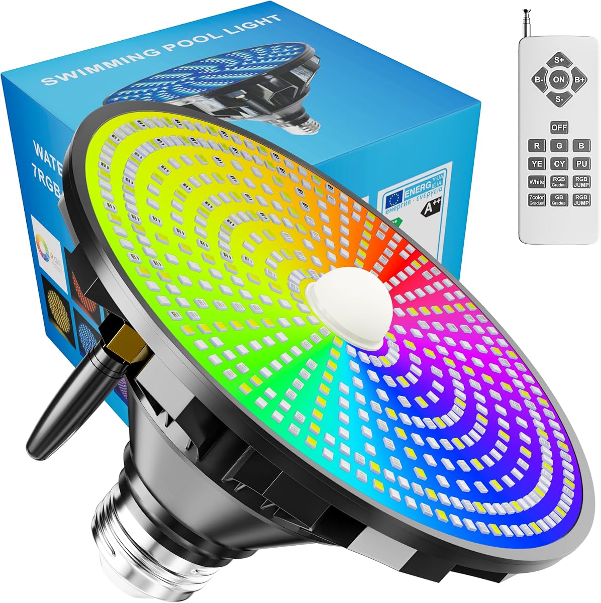Bombilla LED mejorada para piscina enterrada, 70 W RGBW luces de piscina que cambian de color para piscina sobre el suelo con control remoto mejorado, luces LED de piscina con base E26 en tierra, regulable, negro/azul