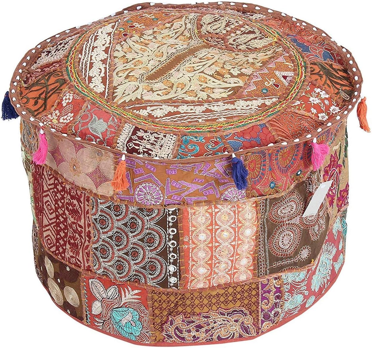 GANESHAM KLAVATE Indian Hippie Vintage Cotton Floor Pillow & Cushion Patchwork Bean Bag Chair Cover Boho Bohemian Hand Embroidered Handmade Pouf Ottoman (Brown, 13" H x 22" Diam.(inch))