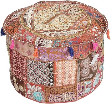 GANESHAM KLAVATE Hippie Indian Vintage Cotton Floor Pillow & Cushion Patchwork Bean Bag Chair Cover Boho Bohemian Hand مطرز يدويًا Pouf العثماني البني ، 13 "H x 22" Diam.inch