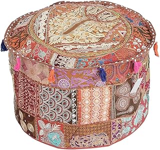 GANESHAM KLAVATE Indian Hippie Vintage Cotton Floor Pillow & Cushion Patchwork Bean Bag Chair Cover Boho Bohemian Hand Embroidered Handmade Pouf Ottoman (Brown, 13