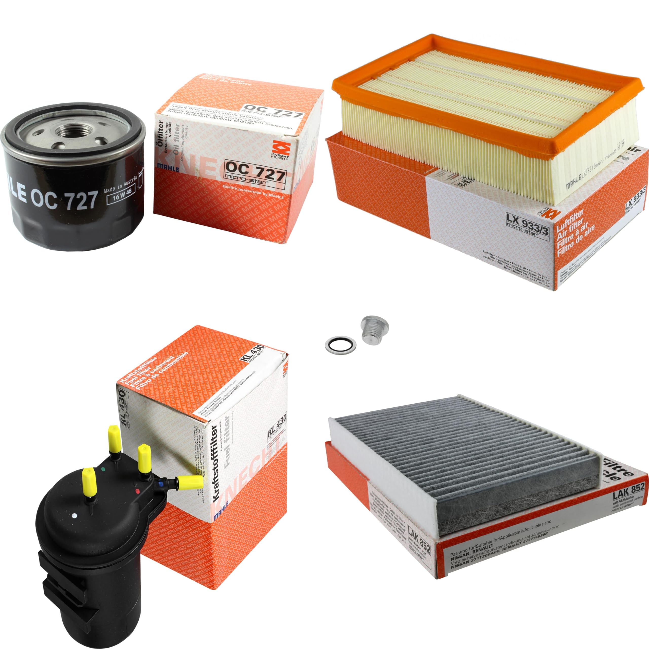 Paquete de inspección Kit de mantenimiento de filtros con filtro de aceite OC 727, filtro de aire LX 933/3, filtro de combustible KL 430, filtro de habitáculo (carbón activado) LAK 852, tornillo de