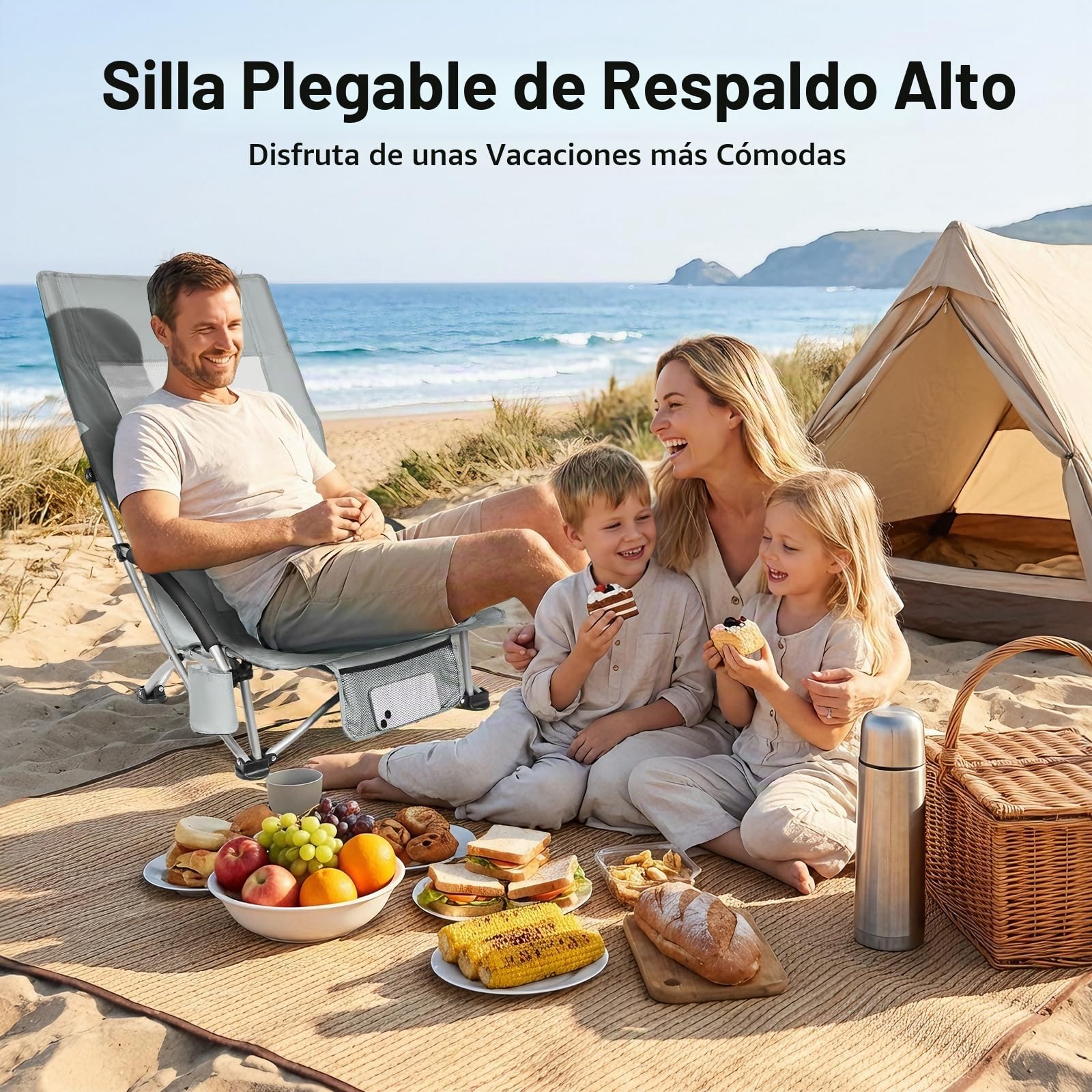 WildFun 2 sillas de playa plegables bajas, ligeras y portátiles, con respaldo alto, soporte para bebidas, soporta hasta 180 kg, para viajes, exteriores, barbacoas, pícnic, festivales (2 unidades, gris