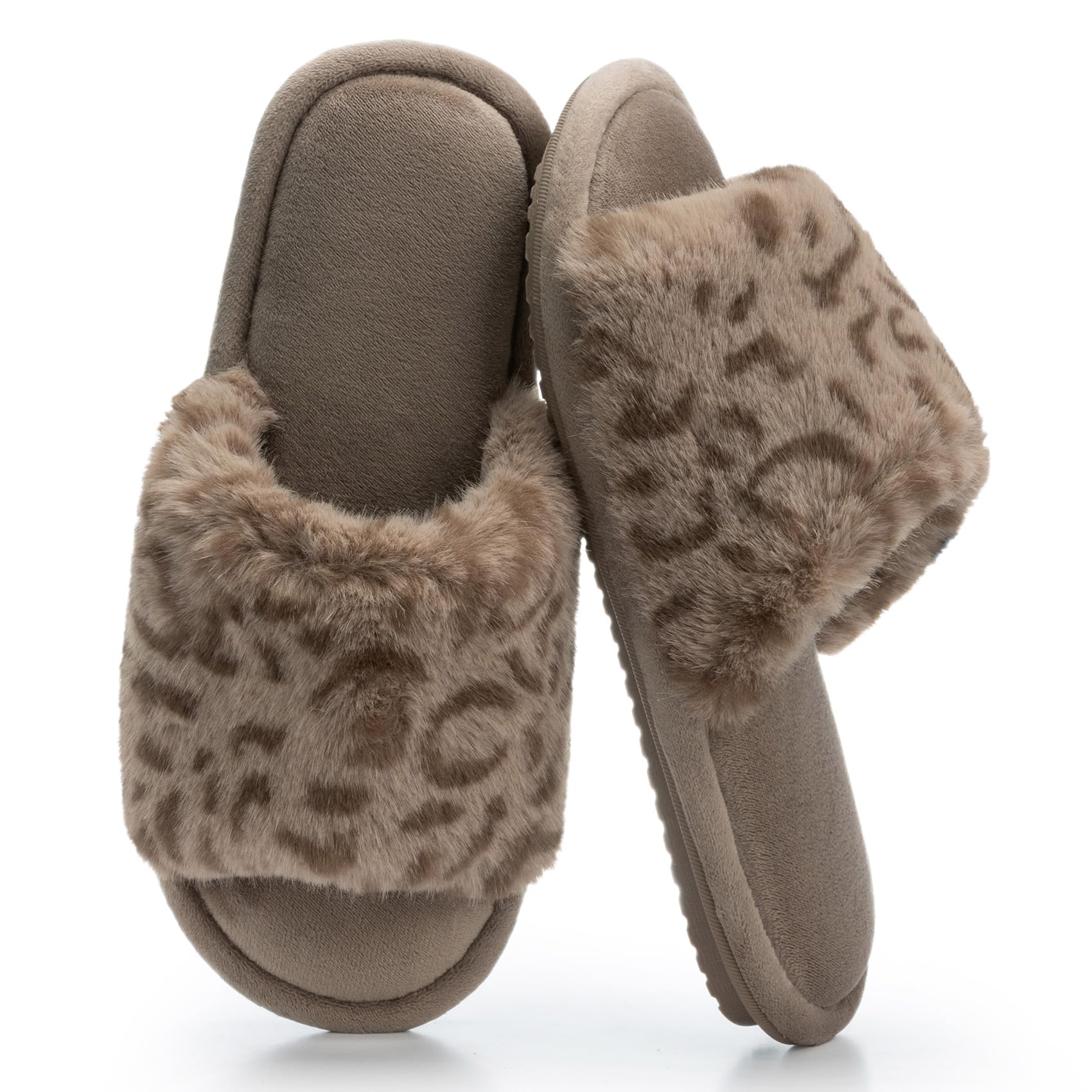 Womens Fuzzy Open-Toe House Slippers with Memory Foam - Leopard Print Cheetah Plush Cozy Cute Slipper Indoor Outdoor