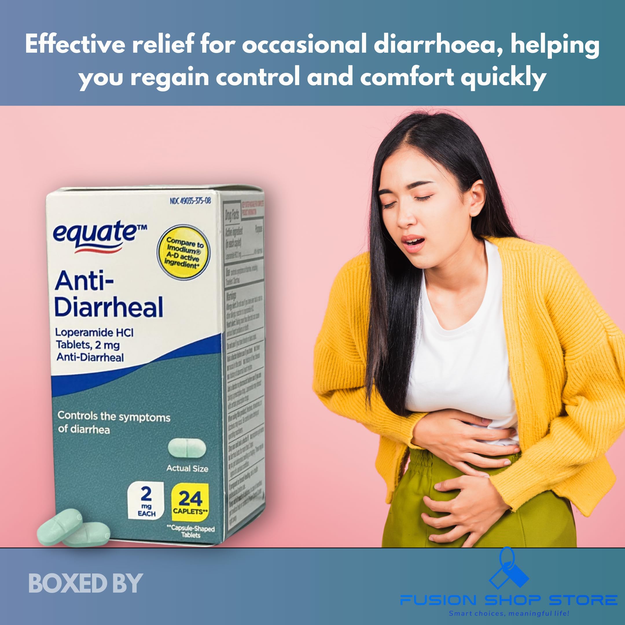 Loperamide for Diarrhea 2 mg- Active Ingredient Hydrochloride 2 mg 24 Caplets (Pack of 1), Boxed by Fusion Shop Store — Amazon image 2