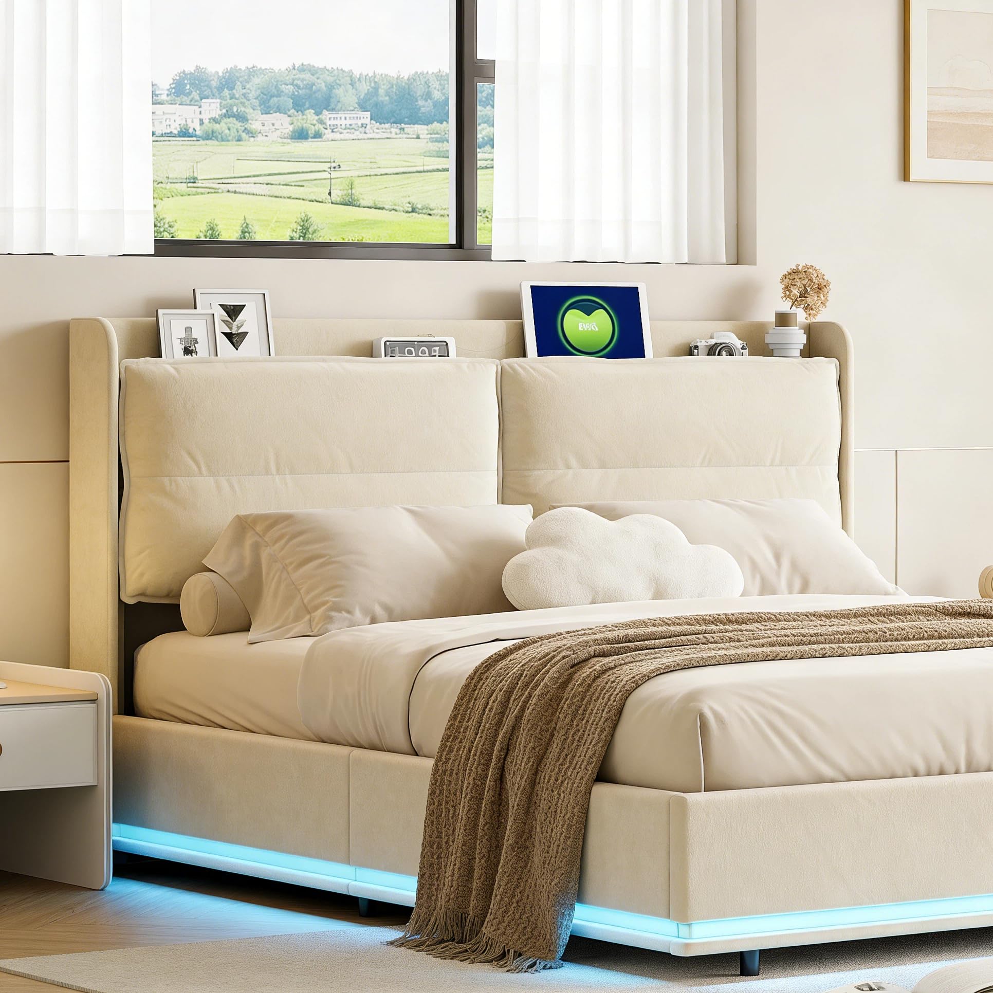 Bed 140 x 200 cm, met led-lattenbodem en USB, kofferbed met USB en type-C, gestoffeerd bed met opslag, tweepersoonsbed bedframe hydraulische functie, hoofdeinde (140 x 200 cm
