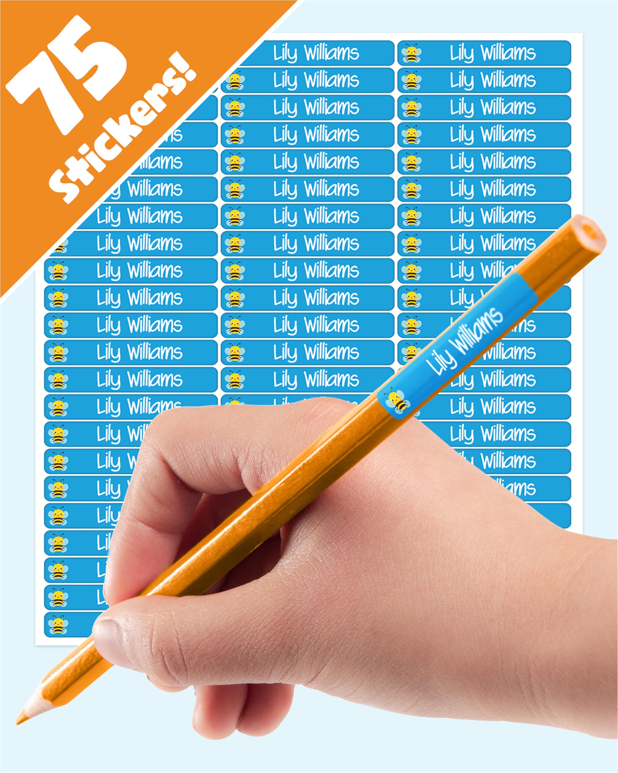LabelTiger® Personalised Small Name Labels for School Supplies - (75 Pieces) - Self-Adhesive, No-Iron, Waterproof Tags for All Ages - Ideal for Pens, Pencils, Markers & Stationery - Blue