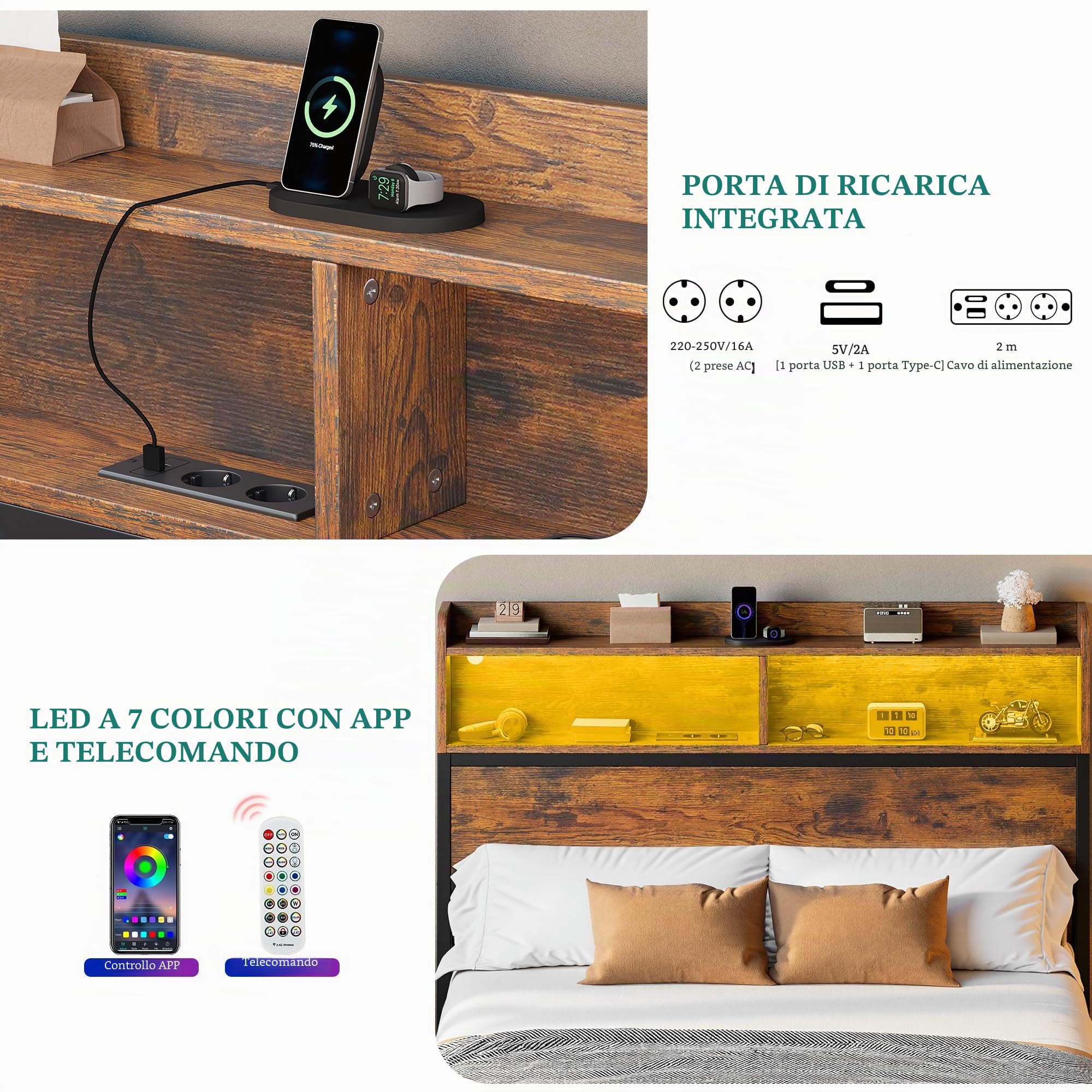 YITAHOME Telaio letto a LED con testiera, porte USB e uscite di ricarica, struttura in metallo con 2 ripiani, non richiesto materasso, marrone, 200 x 120 cm
