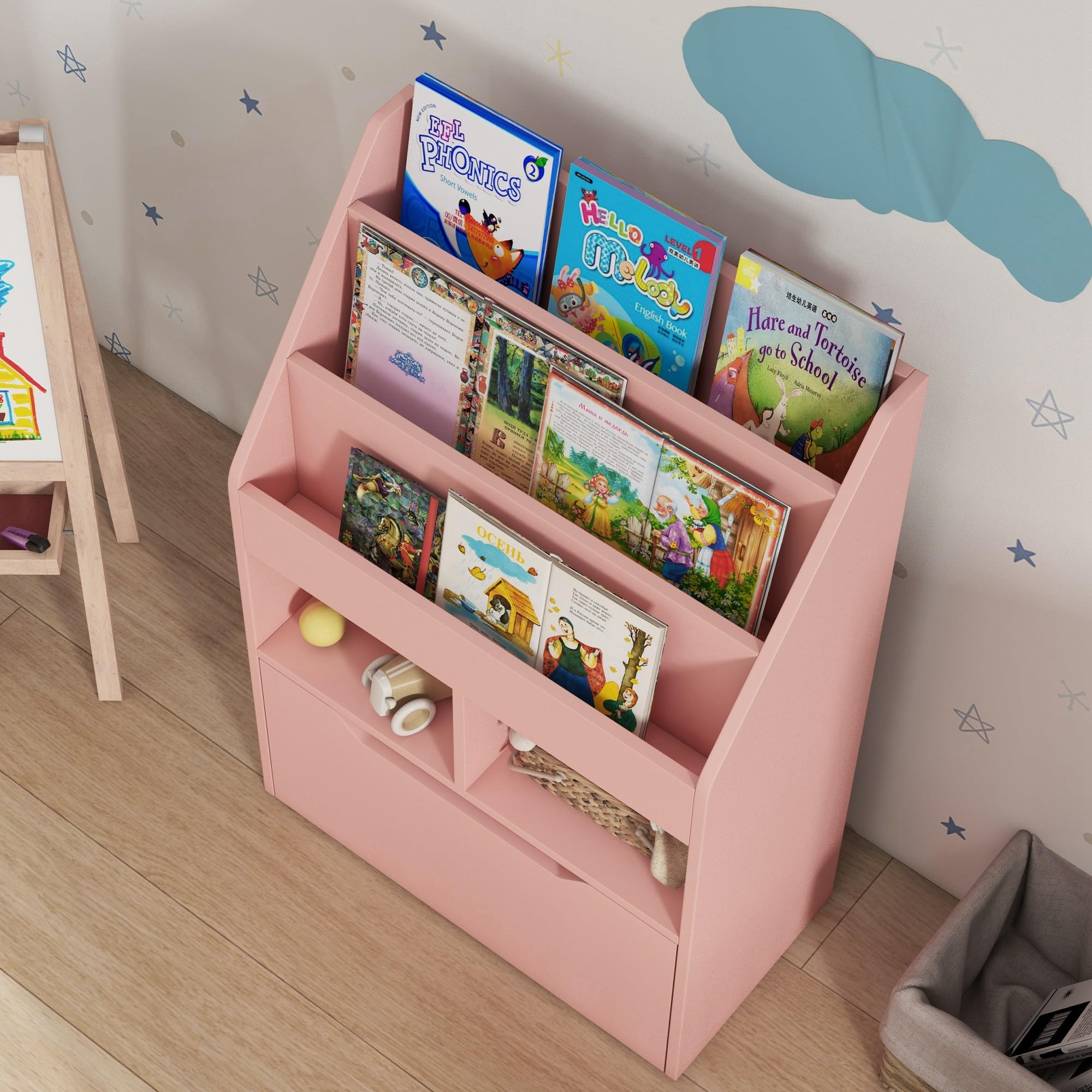 HOMCOM Piccola Libreria per Bambini con Ripiani, Cassetto e Ruote, Scaffale per Giocattoli e Libri in MDF per Cameretta, 60x29.9x90cm, Rosa