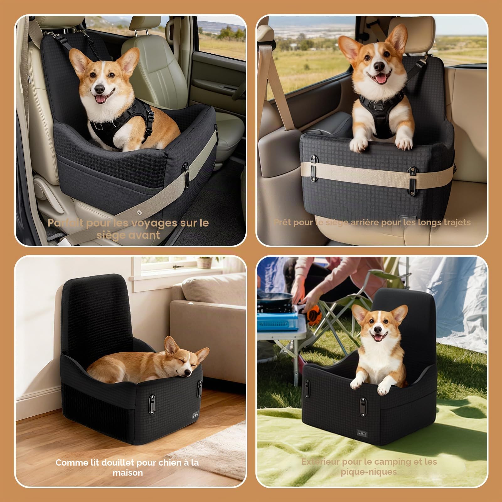 PETSFIT Siège Auto pour Chien, pour Chiens Petits/Moyens jusqu'à 15kg – Système de Sécurité Breveté, Coussin Mémoire de Forme 13cm, Housse Lavable, Coussin Double Face, Idéal pour Voyage– Noir & Gris