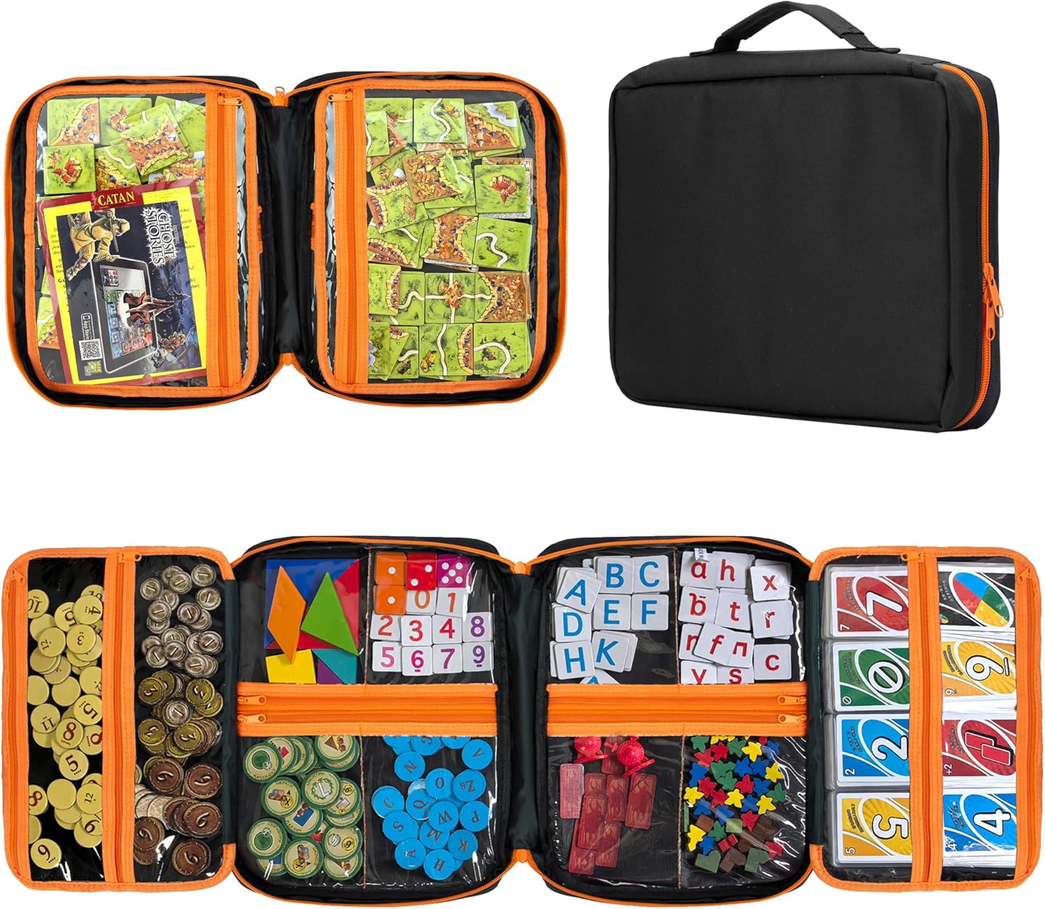 Premium Board Game Storage Organizer Case (14 PVC Pouches) - Portable Travel Game Storage Case | Ultimate Dice and Token Holder for Cards, Miniatures, and Catan Components
