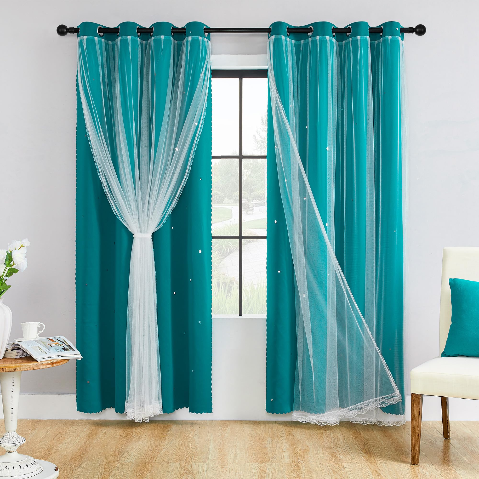 XiDi Black Out Curtains for Bedroom Windows, Girls Room Decor, Unicorn Theme for Kids, Living Room - 84 Inches Long, 2 Panel, Teal