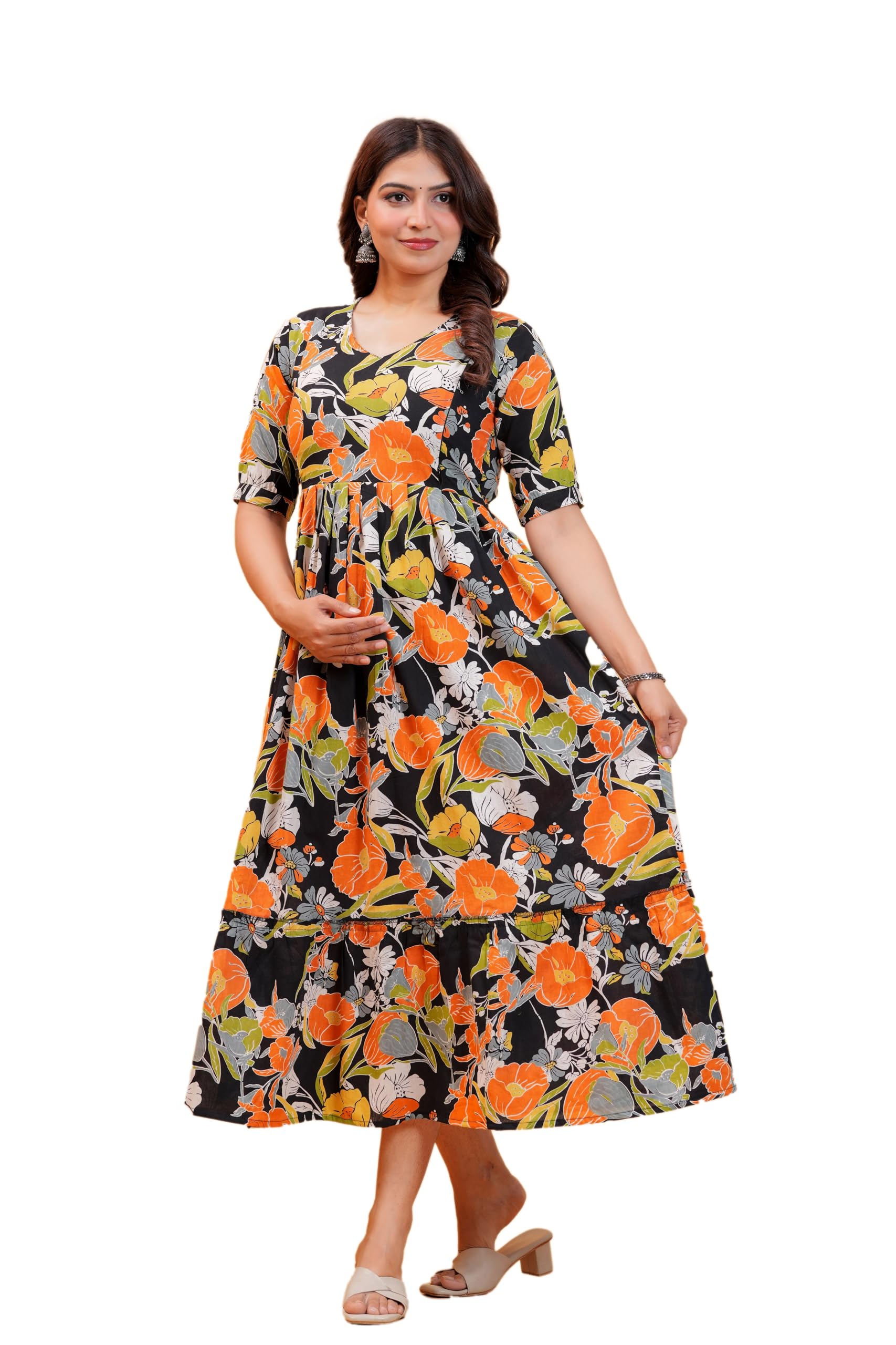 Women's Floral Printed Anarkali Maternity Feeding Gown Cotton Feeding Kurti Stylish&Trendy Maxi Dress - 3/4 Sleeve,Casual Ethnic Nursing for Easy of Movement-picture-45