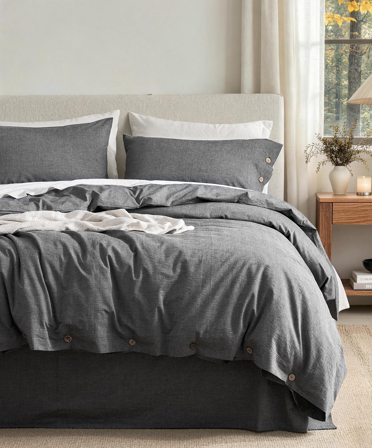 JELLYMONI 100% Washed Cotton Dark Gray Duvet Cover Queen, Linen-Like